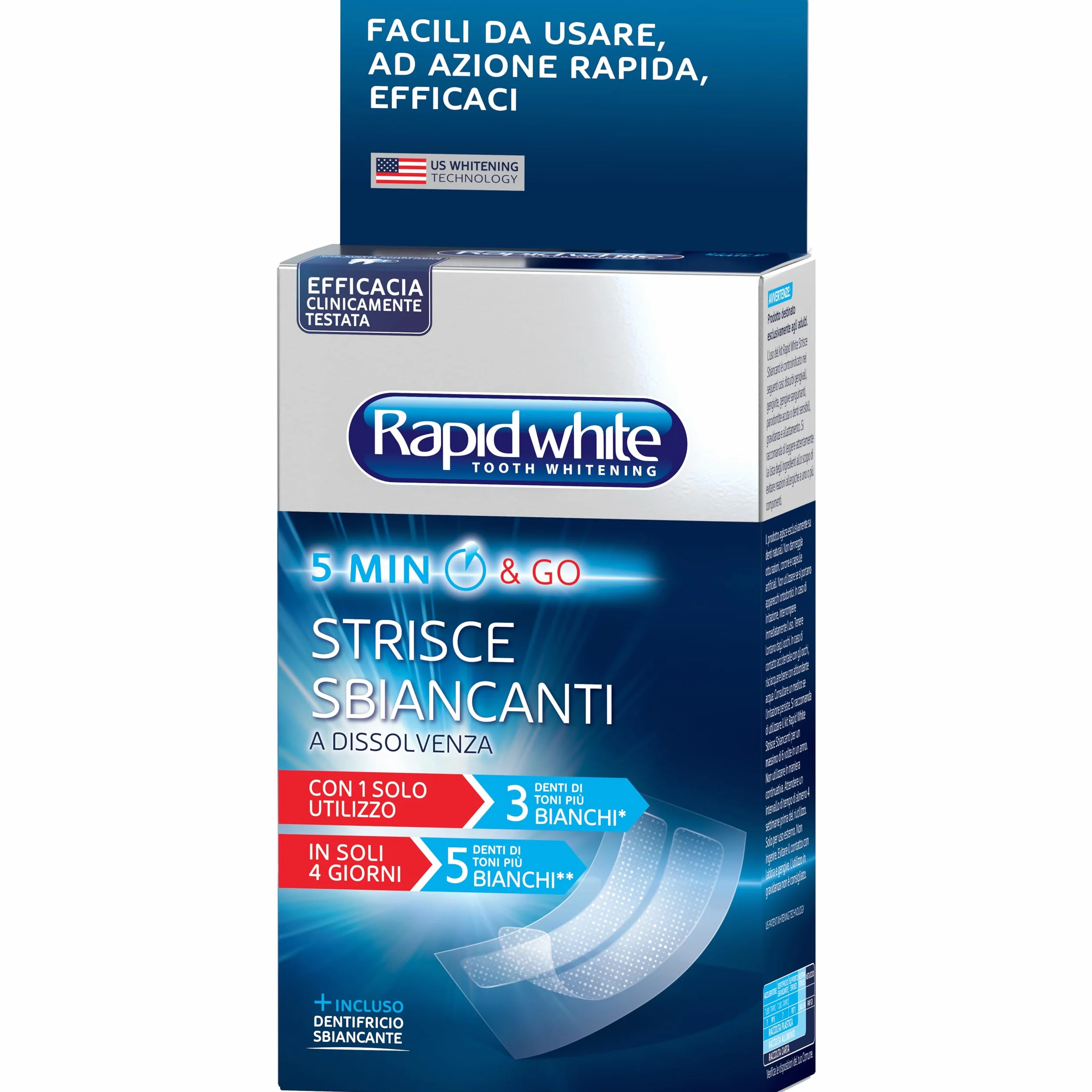 Rapid White - Strisce Sbiancanti Denti, per Uno Sbiancamento Fino a 5 Toni, Senza Perossido, Rimuove Macchie, Trattamento Rapido, Gusto Menta, Clinicamente Testato, 2x8 Strips