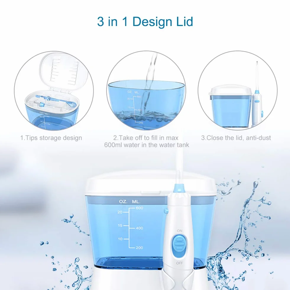 Idropulsore Dentale, TUREWELL Irrigatore Orale Getto Acqua Denti da Capacità 600ml con 10 Impostazioni, Pulizia Doccetta Idropulitore Dentale con 8 Becchucci per Cura Famiglia Dentale