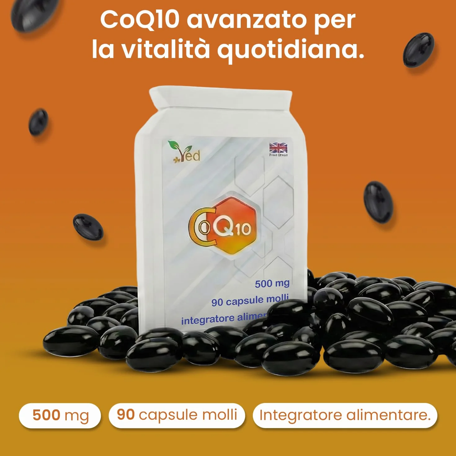 CoQ10 500 mg | Coenzima Q10 | Massima forza | Coenzima Ubichinone fermentato naturalmente | Formula naturale superiore | 500mg 90 Softgel di VED