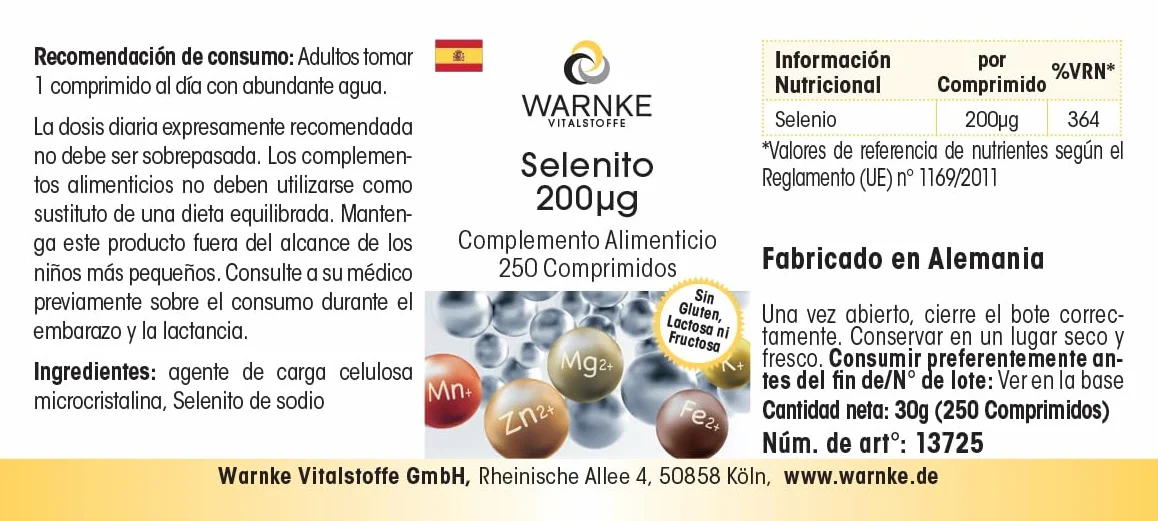 Selenite 200μg - 250 compresse - 200μg di selenio per compressa - Selenito di sodio - ALTO DOSAGGIO - Qualità farmaceutica tedesca - Vegano | Warnke Vitalstoffe