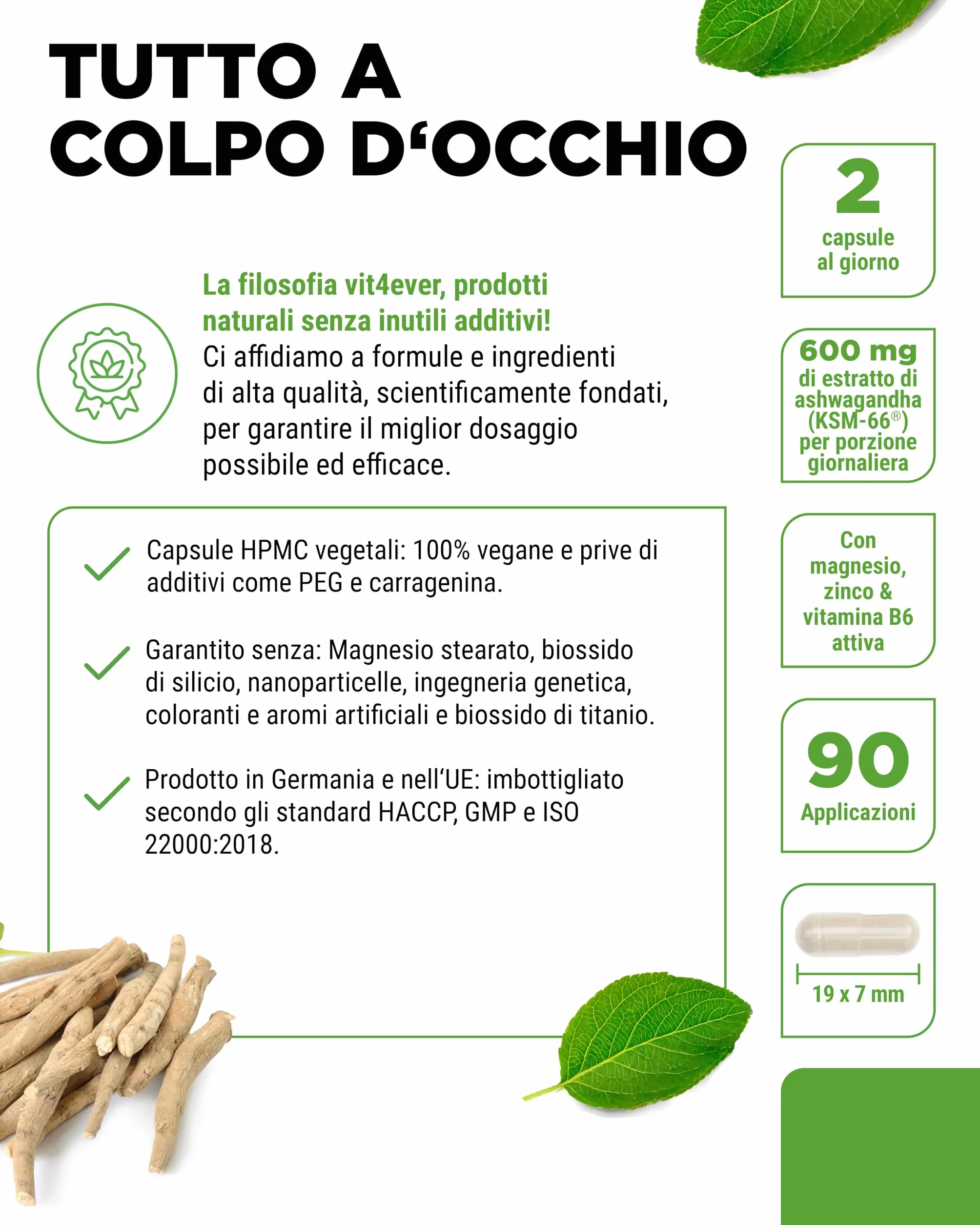 Complesso di Ashwagandha KSM-66® 180 capsule 600 mg con magnesio, zinco e vitamina B6 Vegan