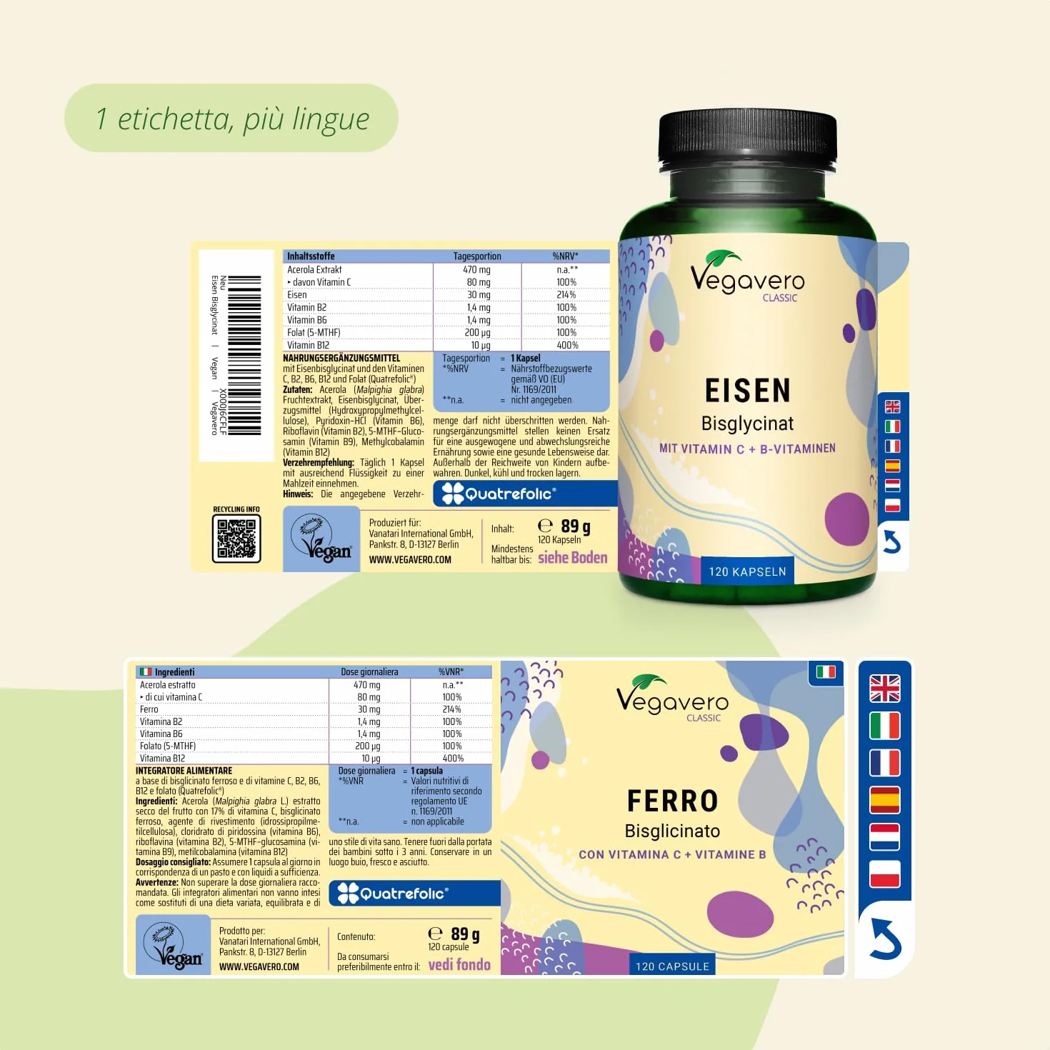 Integratore FERRO 30mg | con Vitamina C, Acido Folico, B12, B2, B6 | Anemia, Mestruazioni, Stanchezza, Difese Immunitarie | Senza Additivi | Vegan | Vegavero®