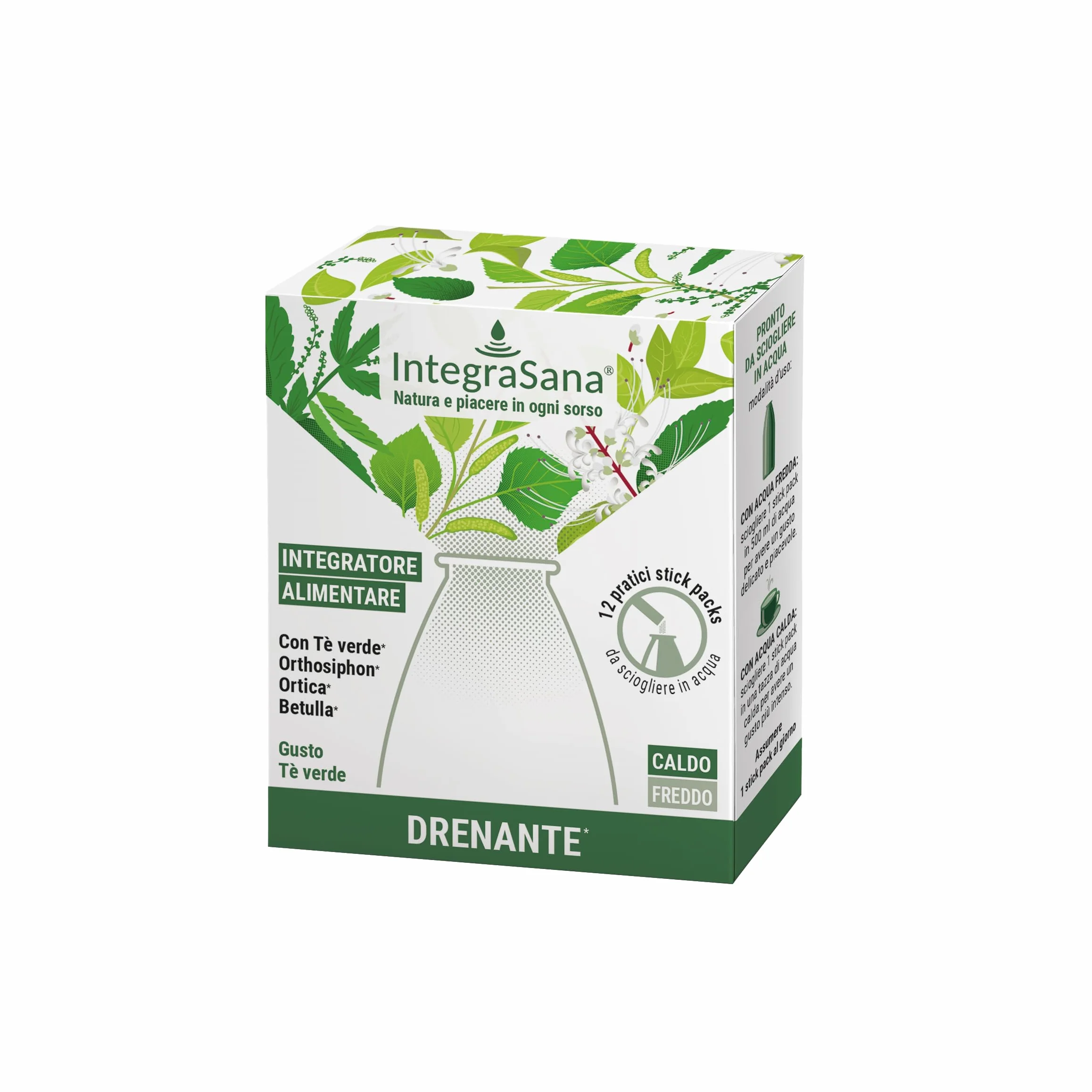 Integratore solubile, Gusto tè verde, Confezione da 12 stick da sciogliere in acqua fredda o calda. Favorisce il drenaggio dei liquidi corporei.