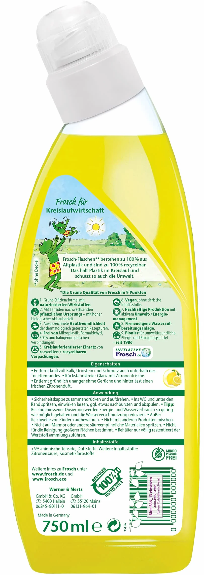 Frosch Detergente per WC, limone, 0,75 l