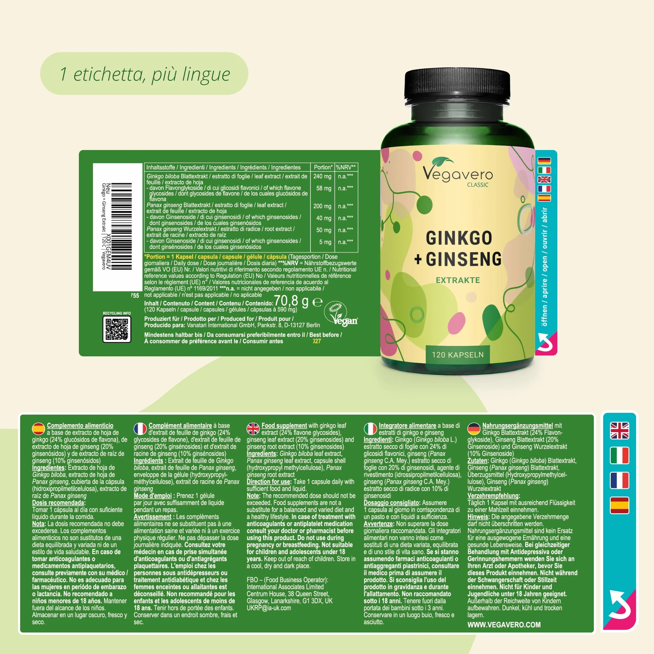 Vegavero® Ginkgo Biloba e Panax Ginseng 120 capsule 20% Ginsenosidi 24% Glucosidi Flavonoidi Vegan
