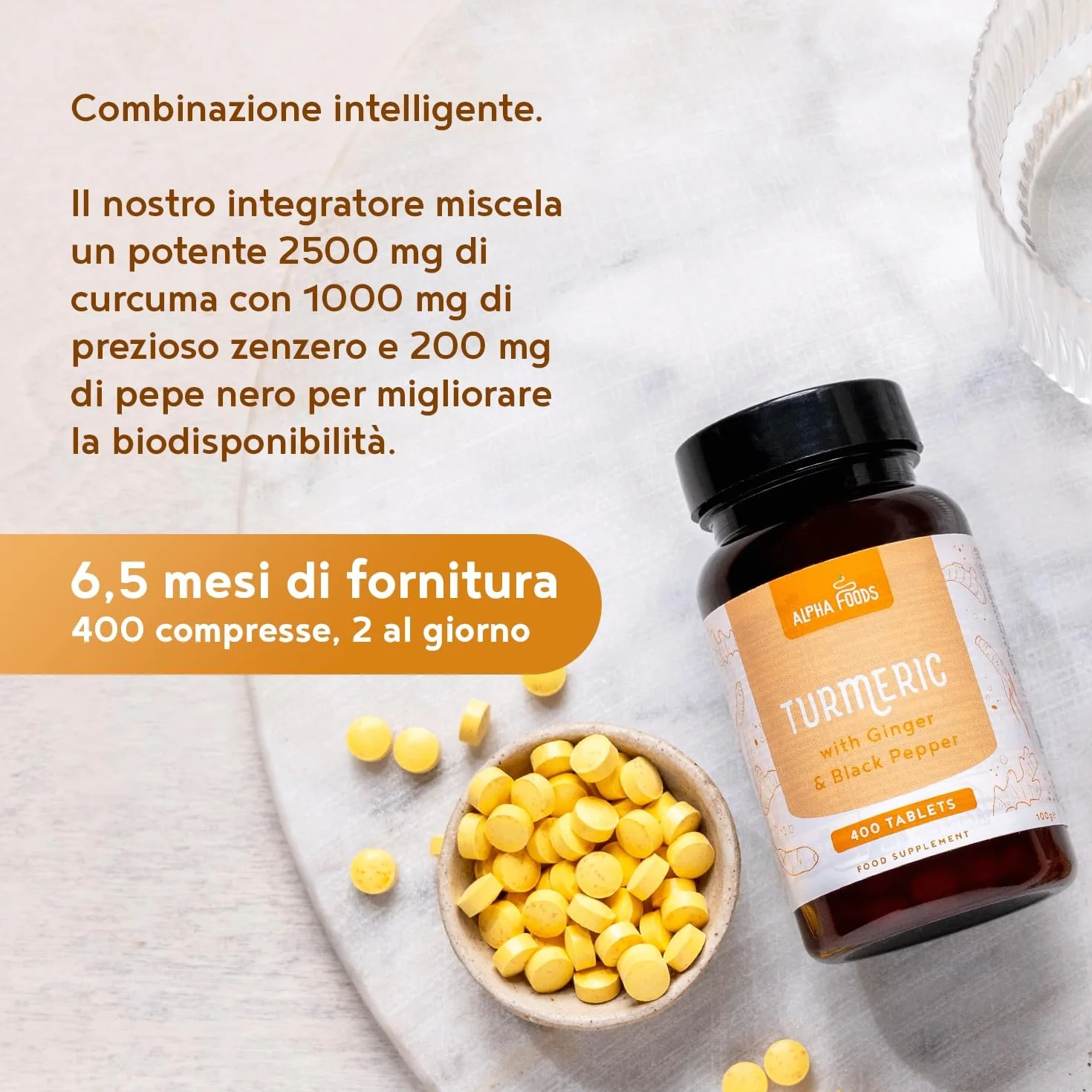 Curcuma ad alto dosaggio 2500mg 400 compresse con curcumina, pepe nero, zenzero Vegan Alpha Foods