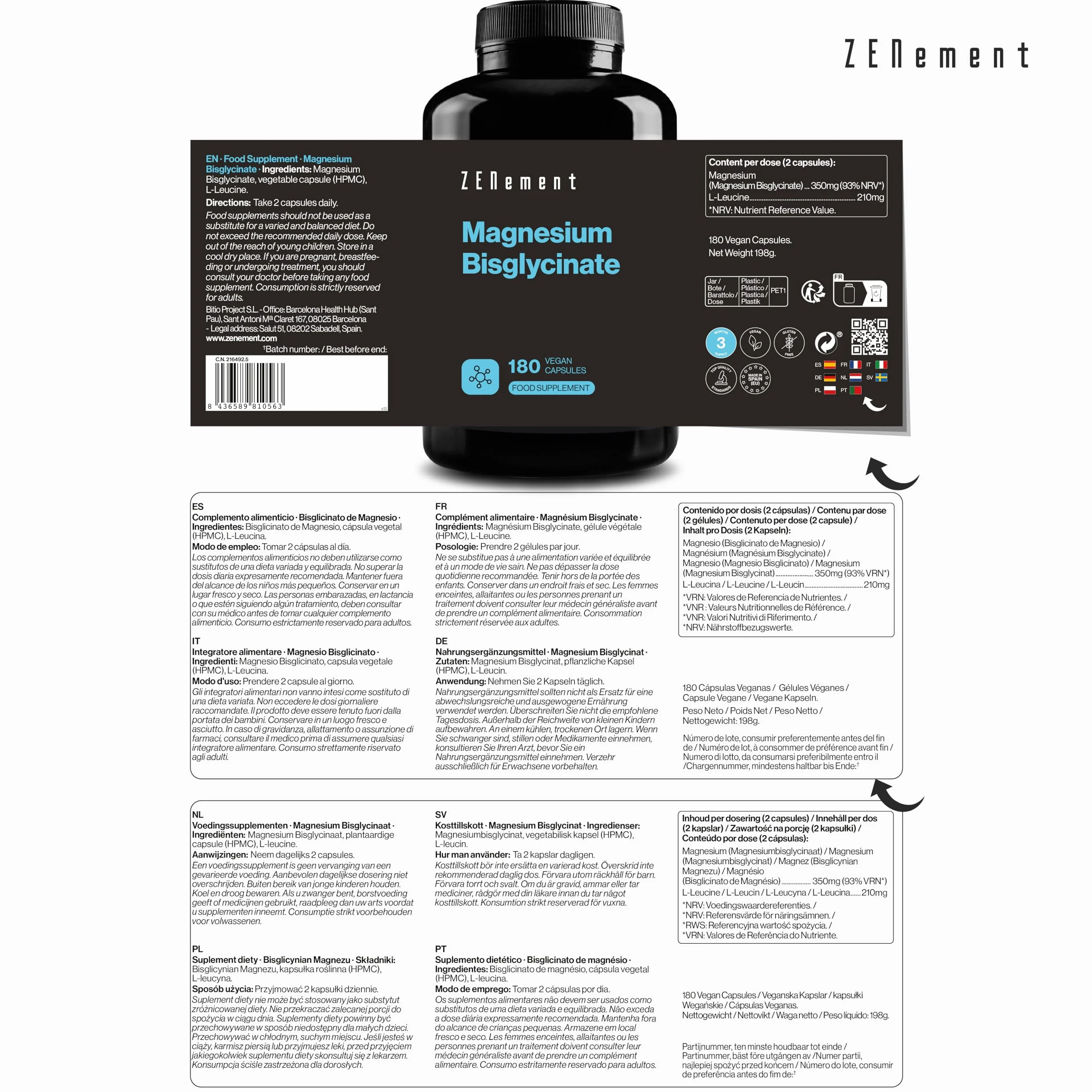 Magnesio Bisglicinato, 350 mg di magnesio elementare/dose giornaliera | Scorta per 3 mesi con 180 Capsule Vegane | Anti Stress e Fatica | Dosaggio Potente & Alta Biodisponibilità | Zenement