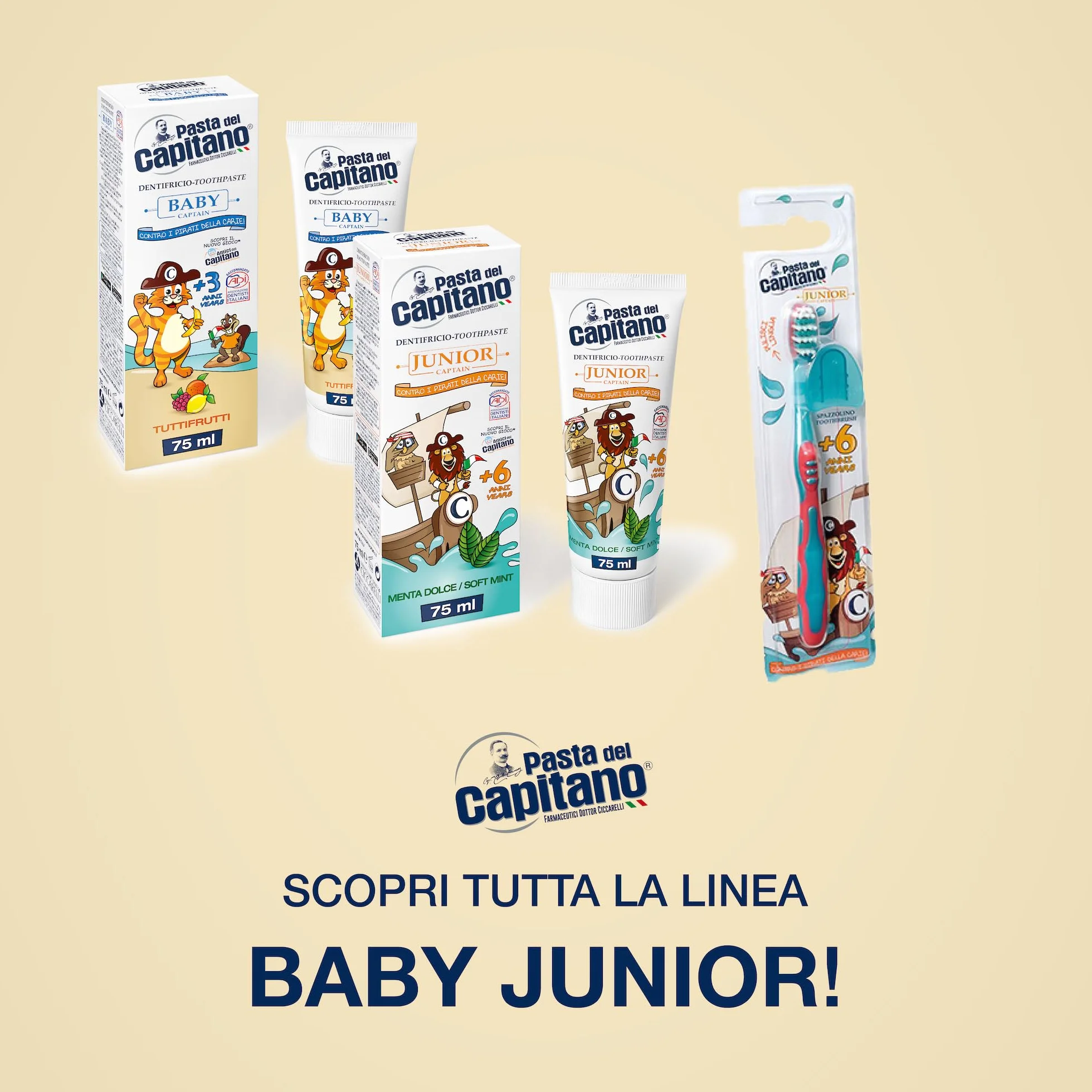 Pasta del Capitano, Dentifricio Baby Tuttifrutti, Delicato in Gel Gusto Tuttifrutti, con Sali di Fluoro e Calcio, Ideale per Bambini a Partire dai 3 Anni di Età, Tubetto da 75 ml, Made in Italy
