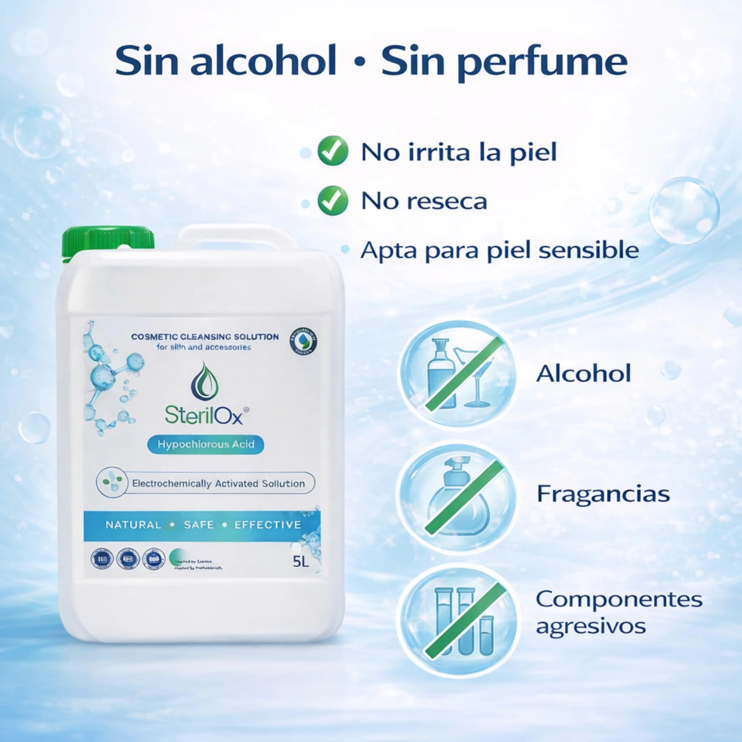Soluzione Cosmetica con Acido Ipocloroso 5L Senza Alcol e Profumo Cura della Pelle Oggetti Superfici HoReCa