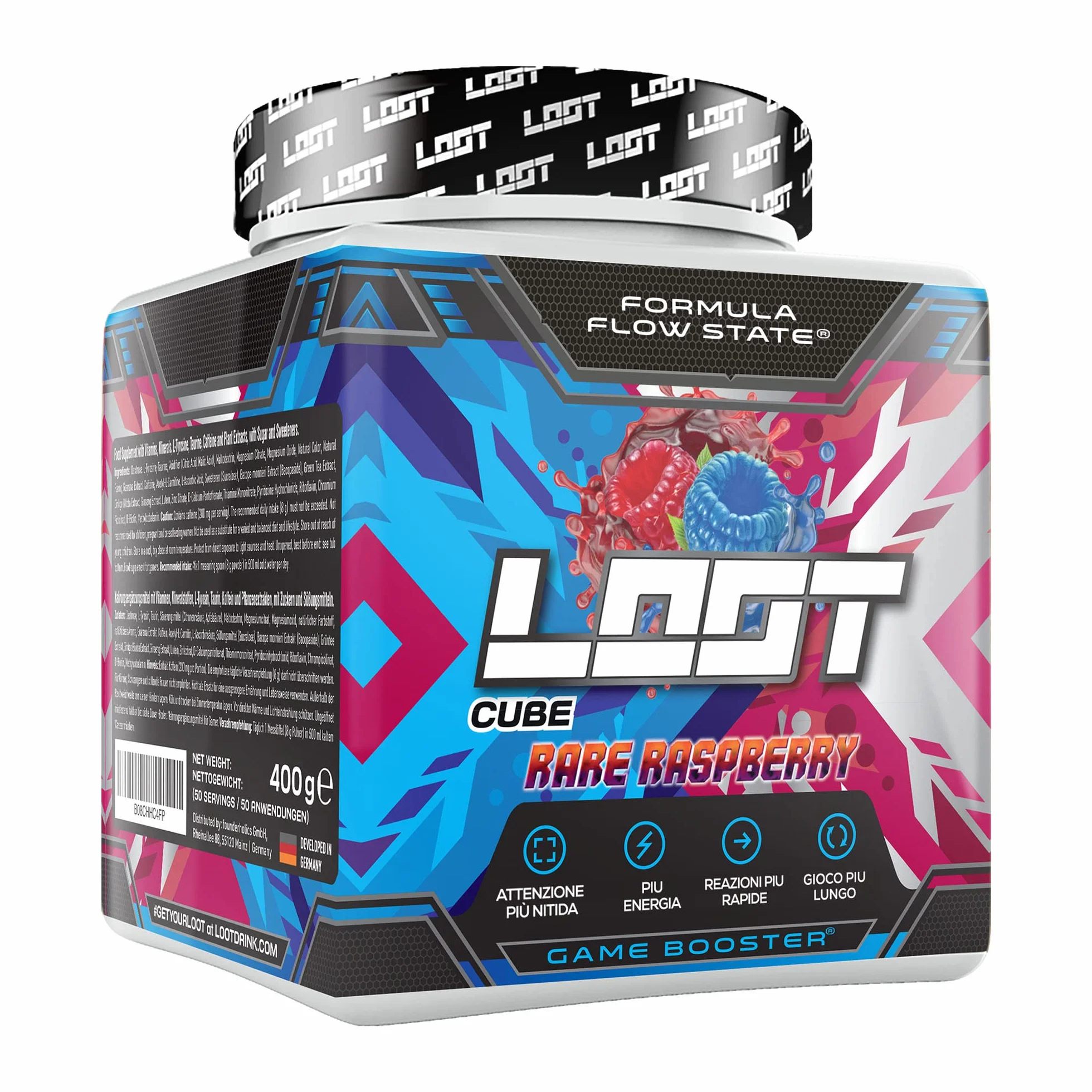 LOOT® - Booster di gioco premium con la formula Flow-State® | 50 porzioni (400g) con caffeina | 20 ingredienti ad alto dosaggio | Design unico | Concentrazione Resistenza Reattività | Lampone raro