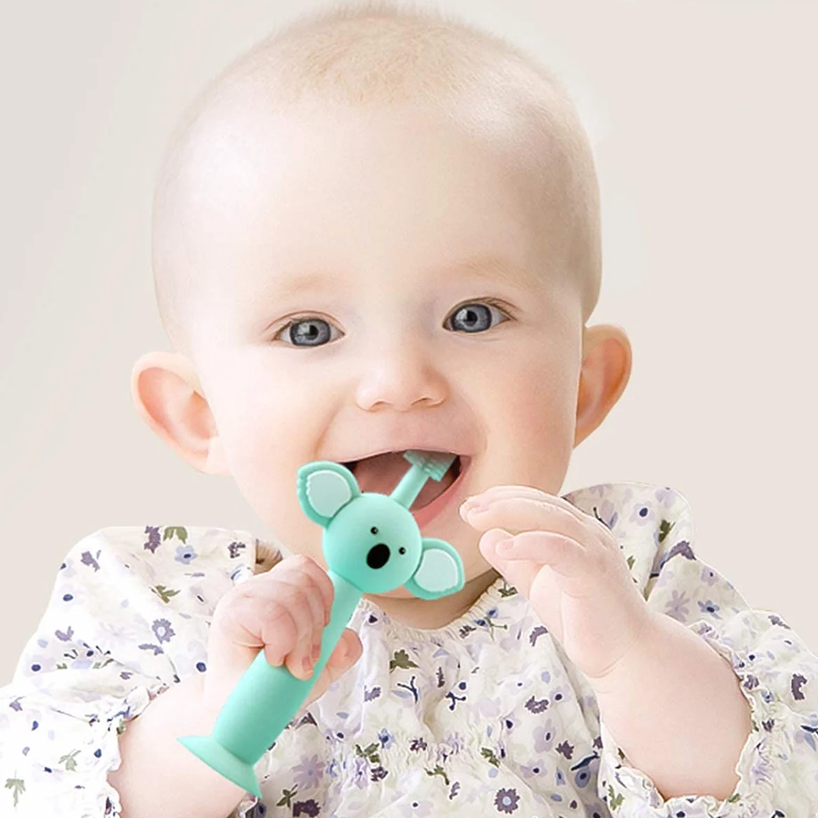 Vicloon Spazzolini da Denti per Bambini, Baby Spazzolino Massaggiagengive da Denti, 360° Silicone Morbido con Design Carino Koala, Dentizione Cure Orali per Bambini da 0 a 3 Anni (3 Pezzi), Verde