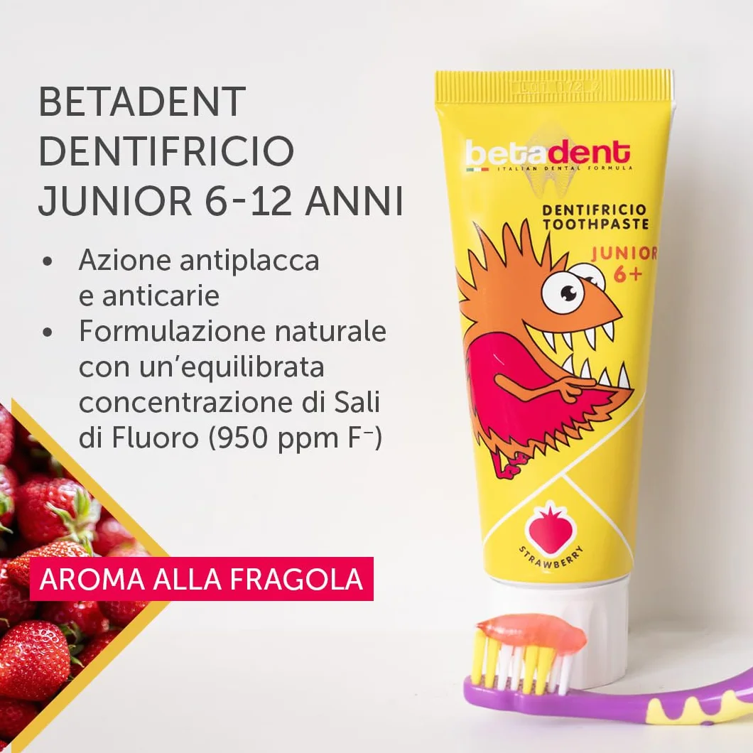 Betadent DENTIFRICIO JUNIOR 6+ per bambini di età superiore ai 6 anni. Formulazione naturale, antiplacca e anticarie. Equilibrato dosaggio di Sali di Fluoro alla concentrazione di 950 ppm F - 75 ml
