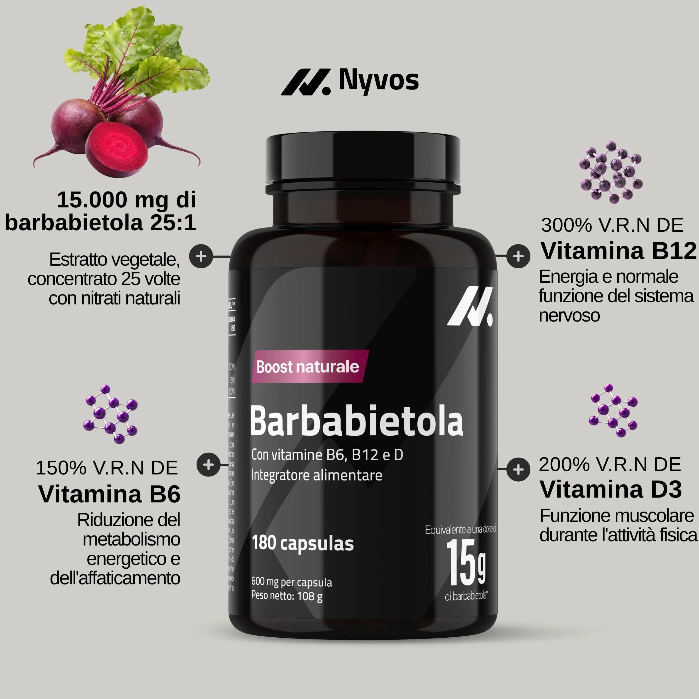 Barbabietola 25:1 180 Capsule Vegane Supporto Ossido Nitrico Nitrati Naturali Vitamine B6 B12 D Energia senza Caffeina