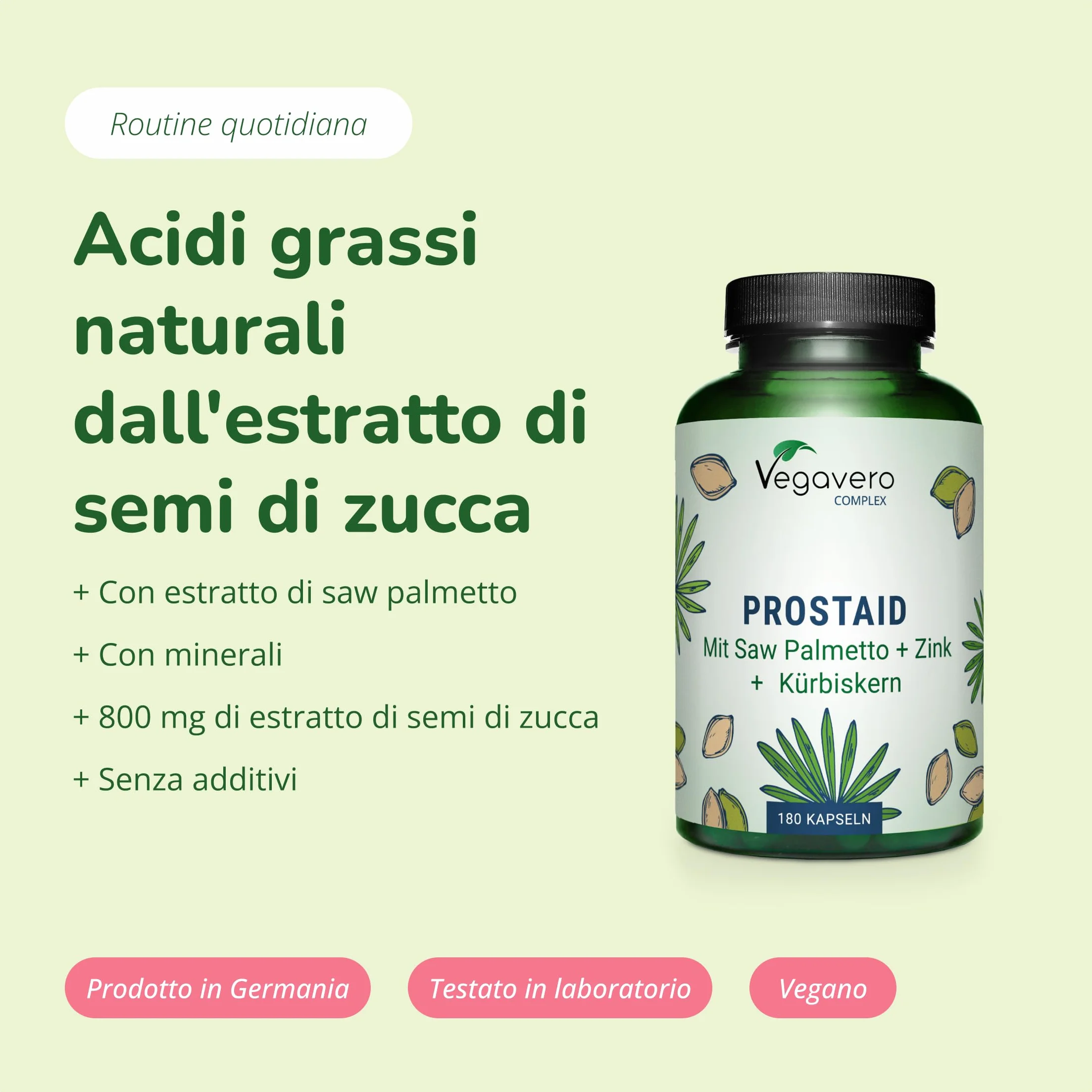 Vegavero® Integratore PROSTATA 180 capsule Serenoa Repens Ortica Zucca Zinco Selenio Acidi Grassi