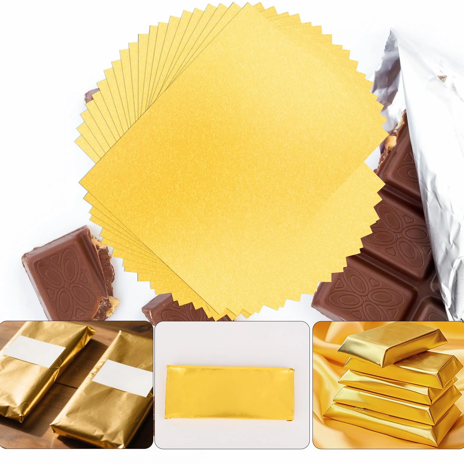 Tinoaly 100pz Incarto per Barrette Cioccolato, 19x15 cm Grandi Involucri Caramelle in Foglio di Alluminio Dorato Cioccolato Fogli di Carta da Regalo Individuali per Matrimoni Compleanni Feste