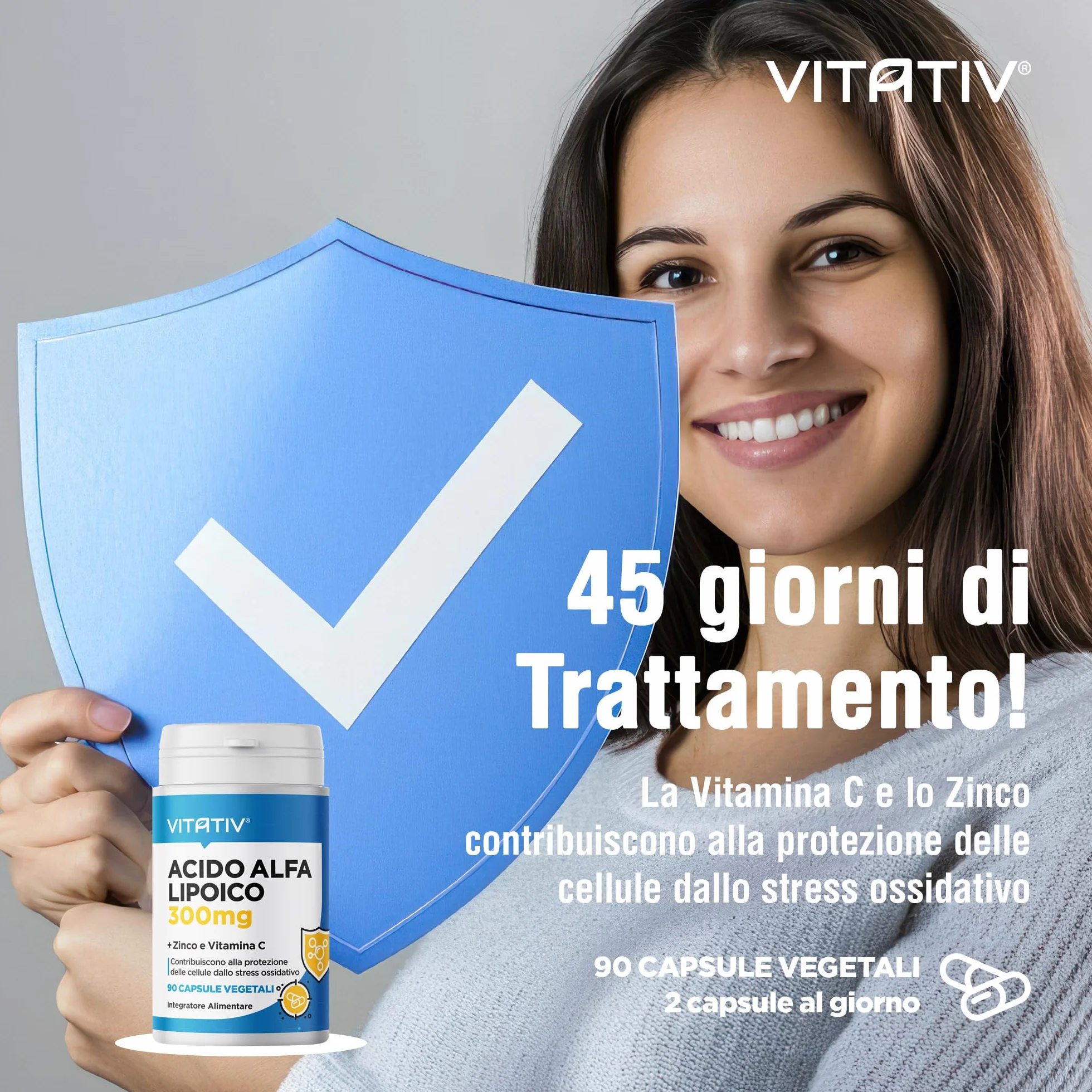 VITATIV Acido Alfa Lipoico ALA 300mg + Vitamina C e Zinco 90 Capsule Vegetali Antiossidante Made in Italy
