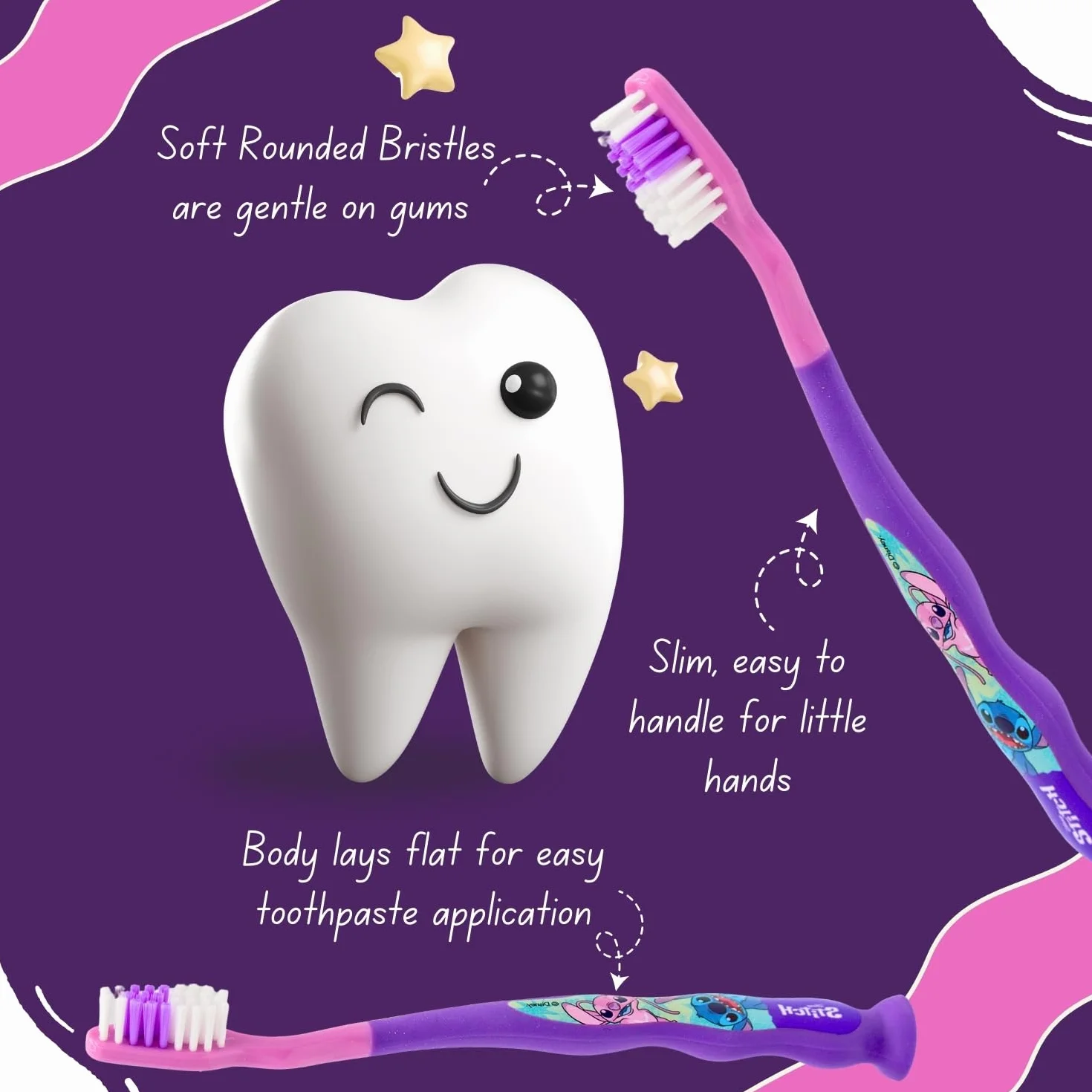 Spazzolino da denti piccoli Disney Stitch per bambini con cappuccio di protezione, setole morbide arrotondate, impugnatura comoda e ventosa per riporre in posizione verticale, per bambini dai 3 anni