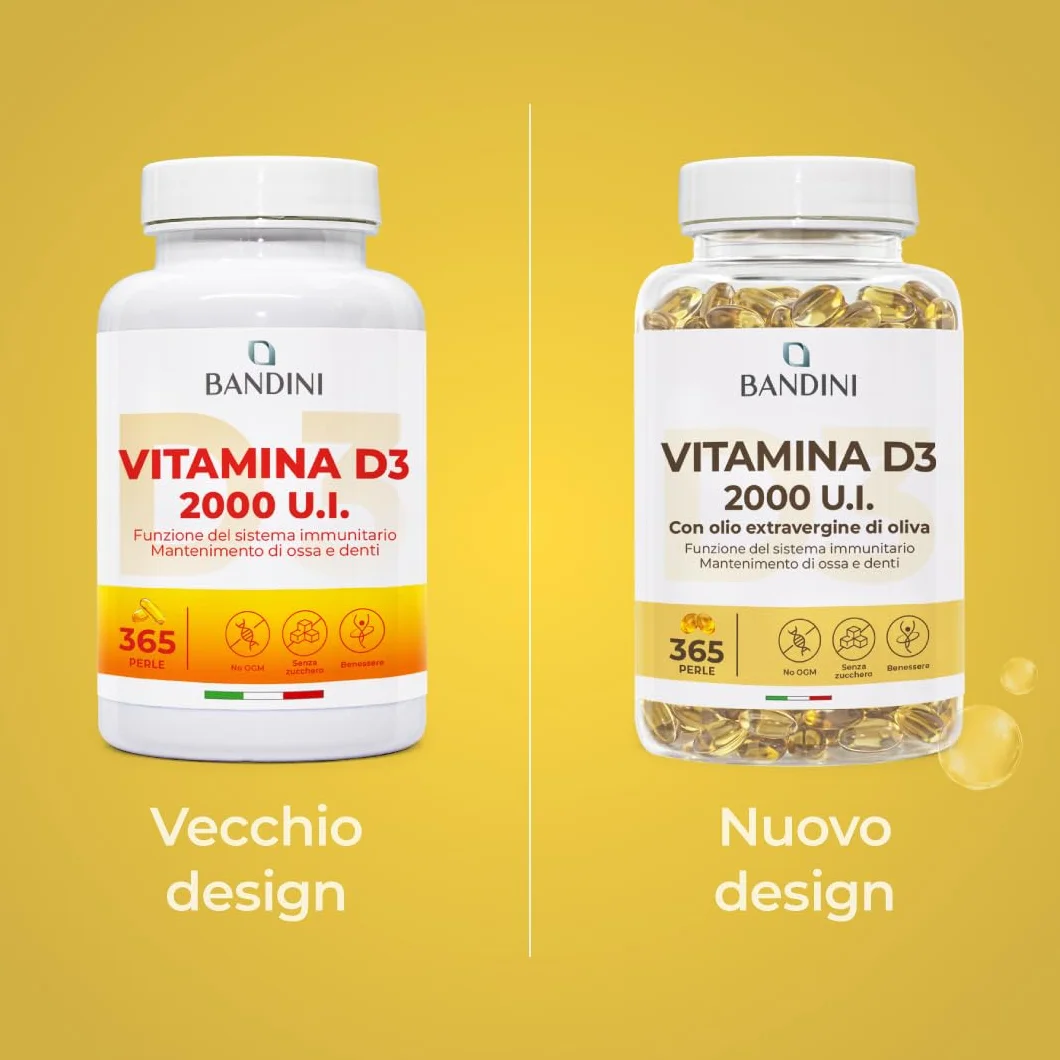 Bandini® Vitamina D3 2000 UI 365 Softgels, Alto Dosaggio 50μg, Vitamine D Colecalciferolo in perle, In Olio Extravergine di Oliva per Assorbimento Ottimale, Ossa, Denti, Muscoli, Sistema immunitario