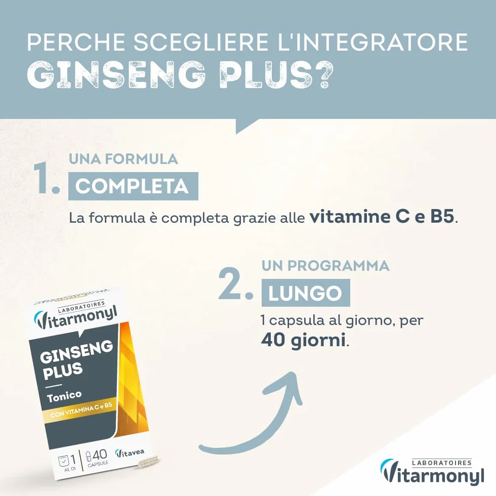 Vitarmonyl Ginseng Plus Tonico Integratore Alimentare 40 Capsule Estratto di Ginseng Vitamina C B5