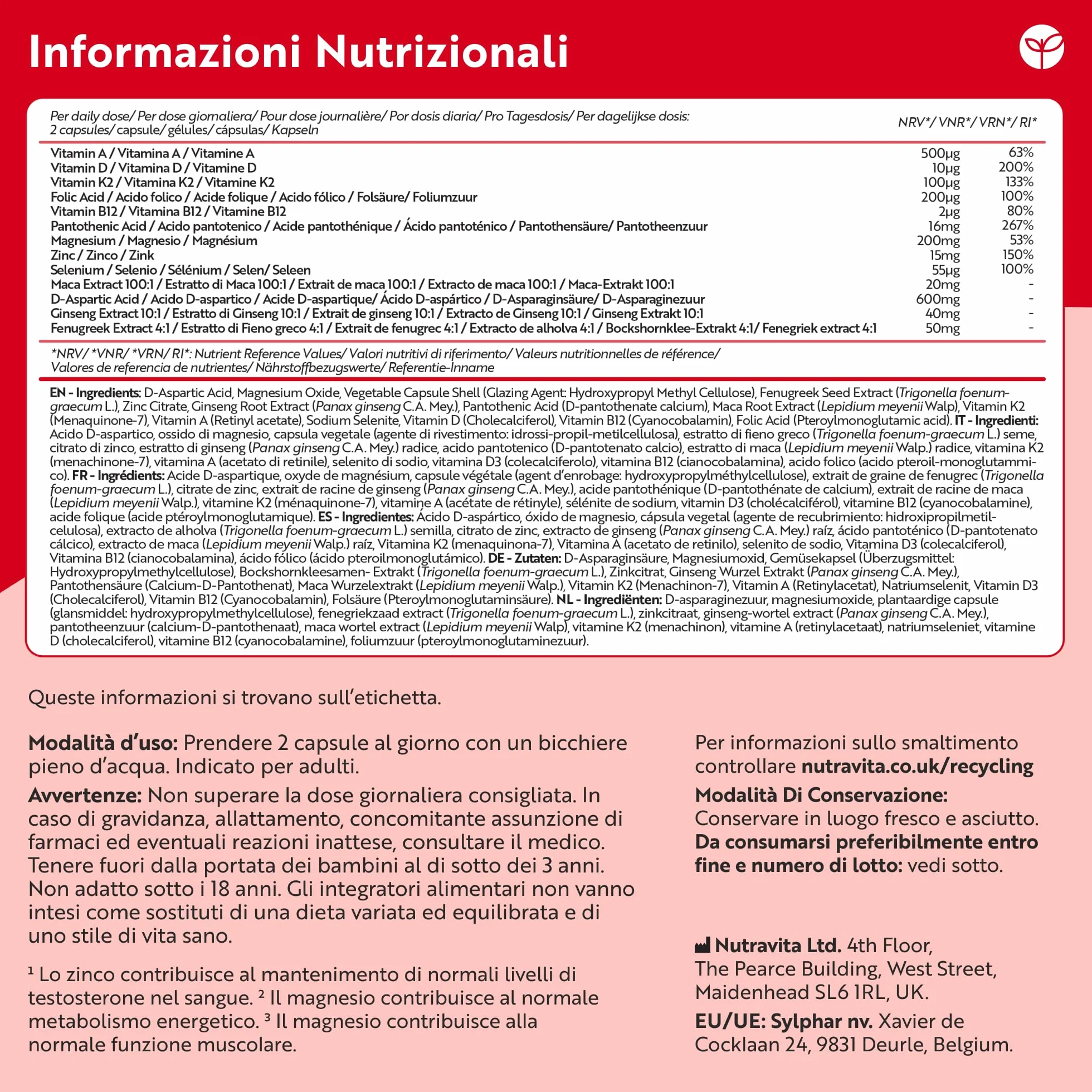 Nutravita Integratore Multinutriente con Ginseng, Maca, Fieno Greco, Zinco e Magnesio – 13 Ingredienti Attivi con Vitamine A, B12, D3 e K2 – 120 Capsule