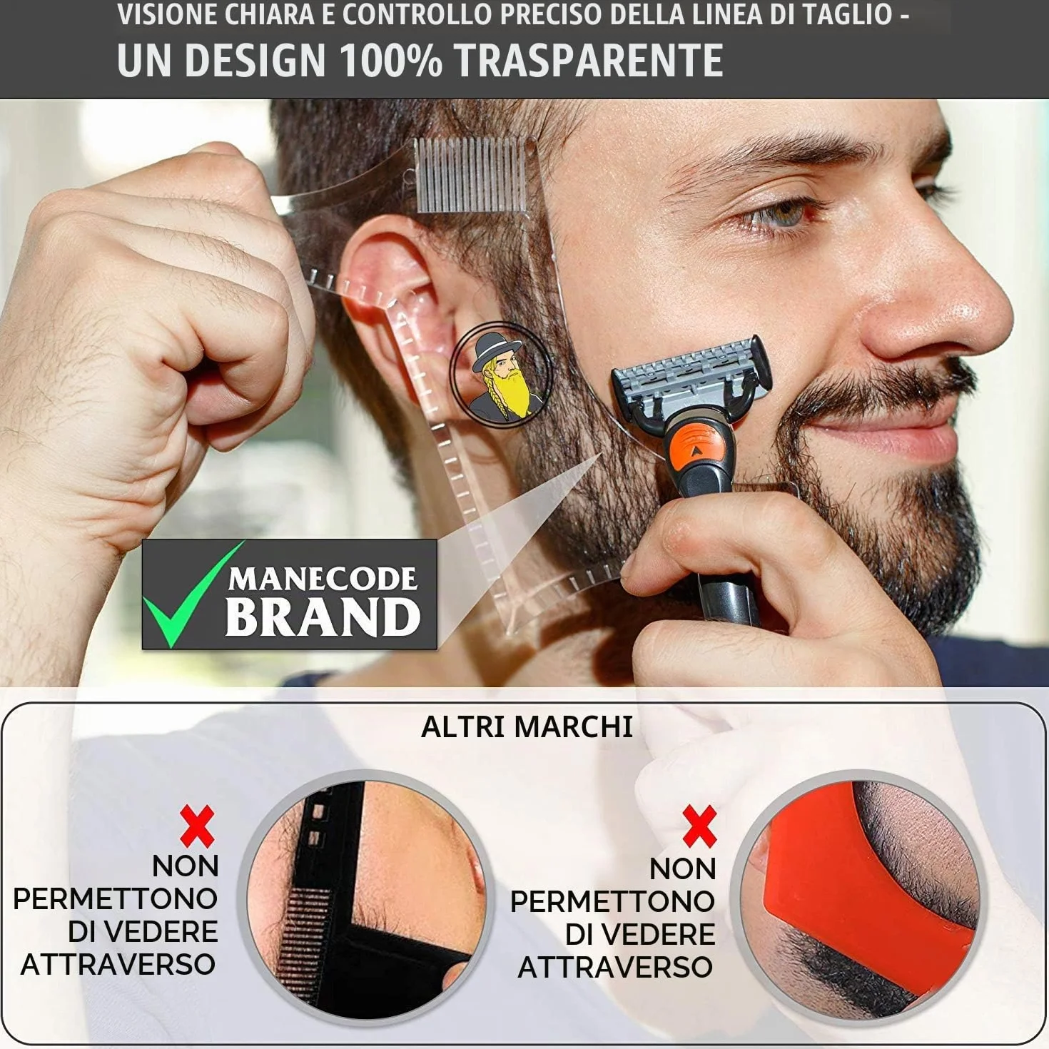 Strumento per modellare la barba da uomo con pettine integrato trasparente