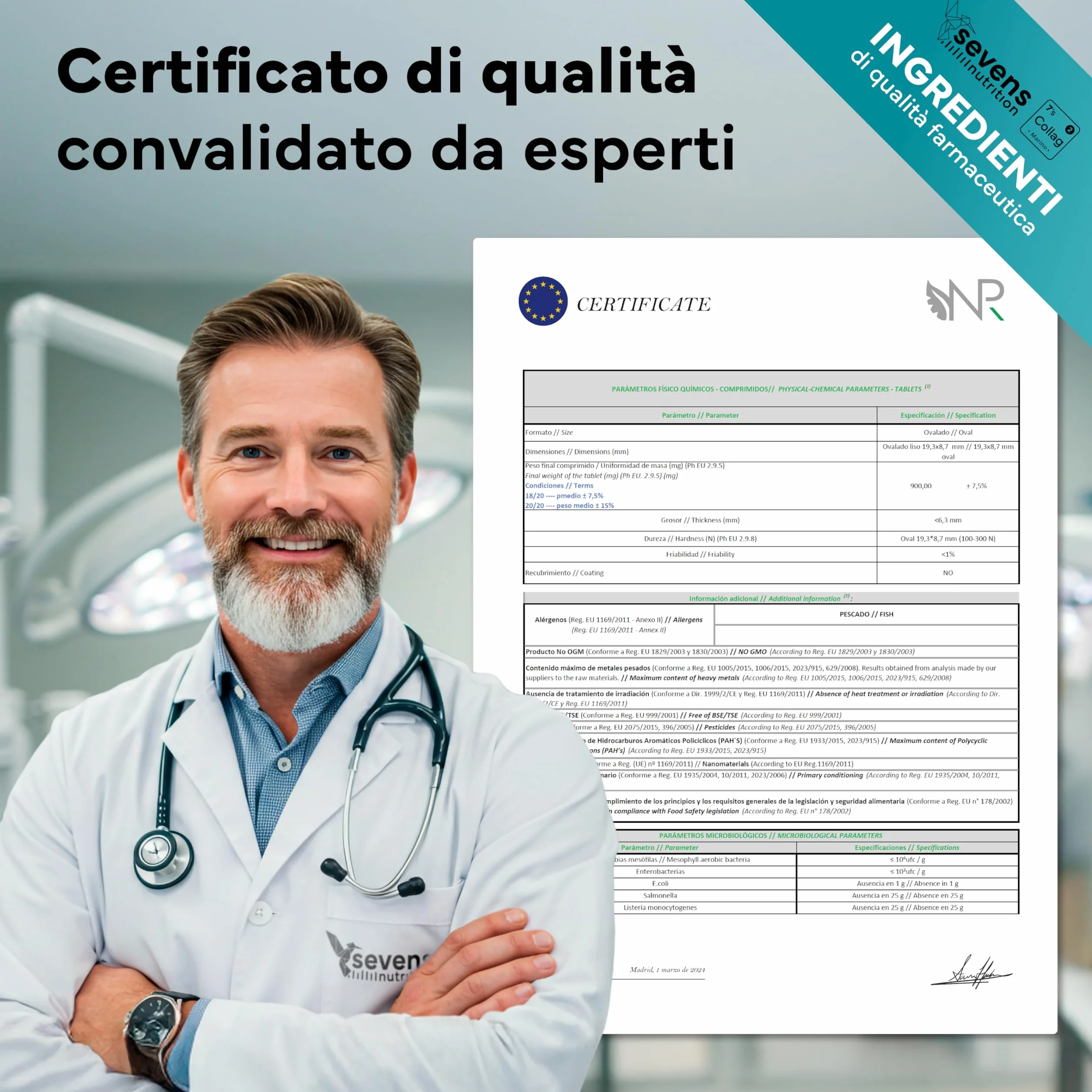 Collagene Marino con Acido Ialuronico Idrolizzato Puro - Integratore 120 Capsule – Pelle, Ossa e Articolazioni – Sevens