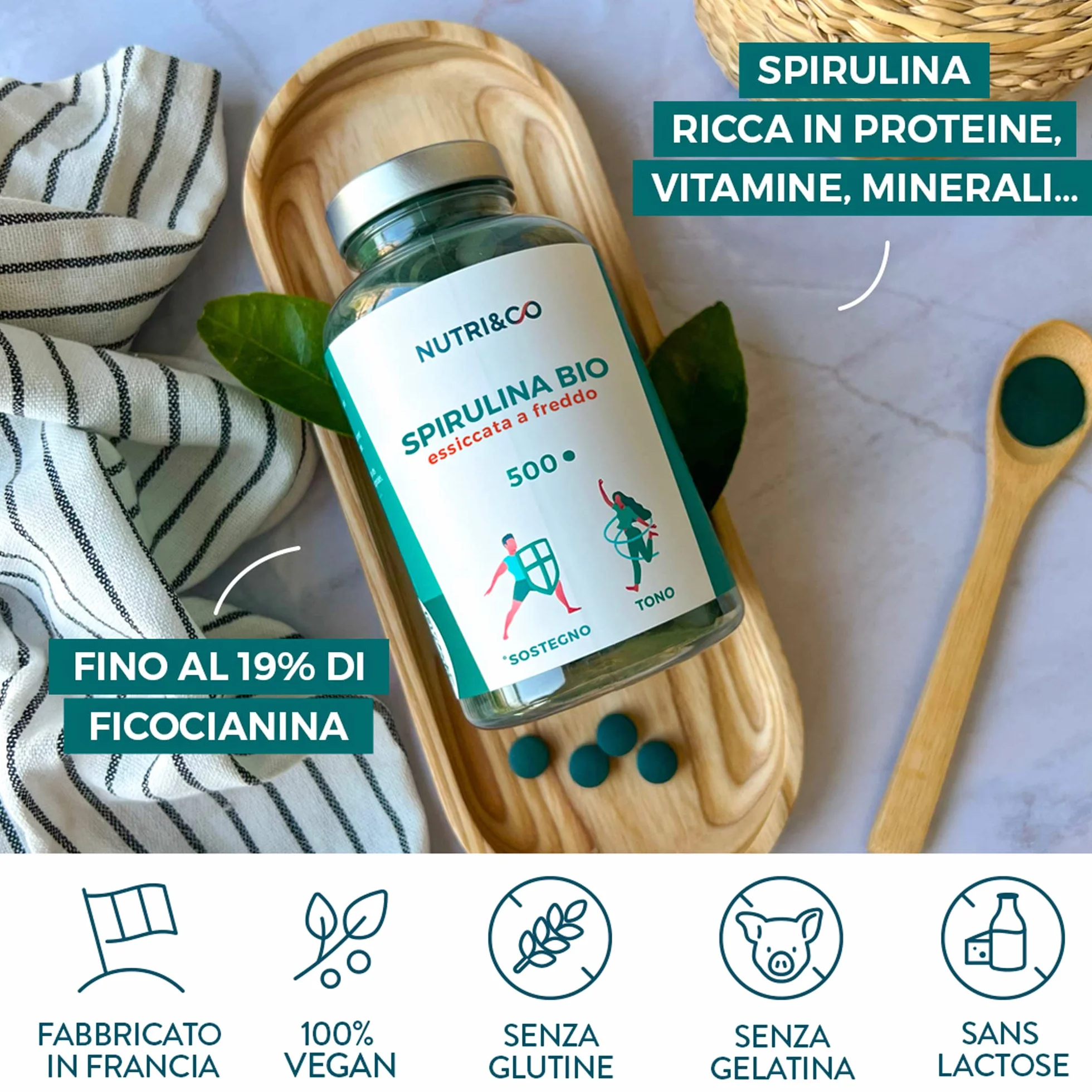 NUTRI & CO Spirulina Biologica 500 Compresse Bio 500 mg Senza Eccipienti 15% Ficocianina Polvere Essiccata Compressa a Freddo