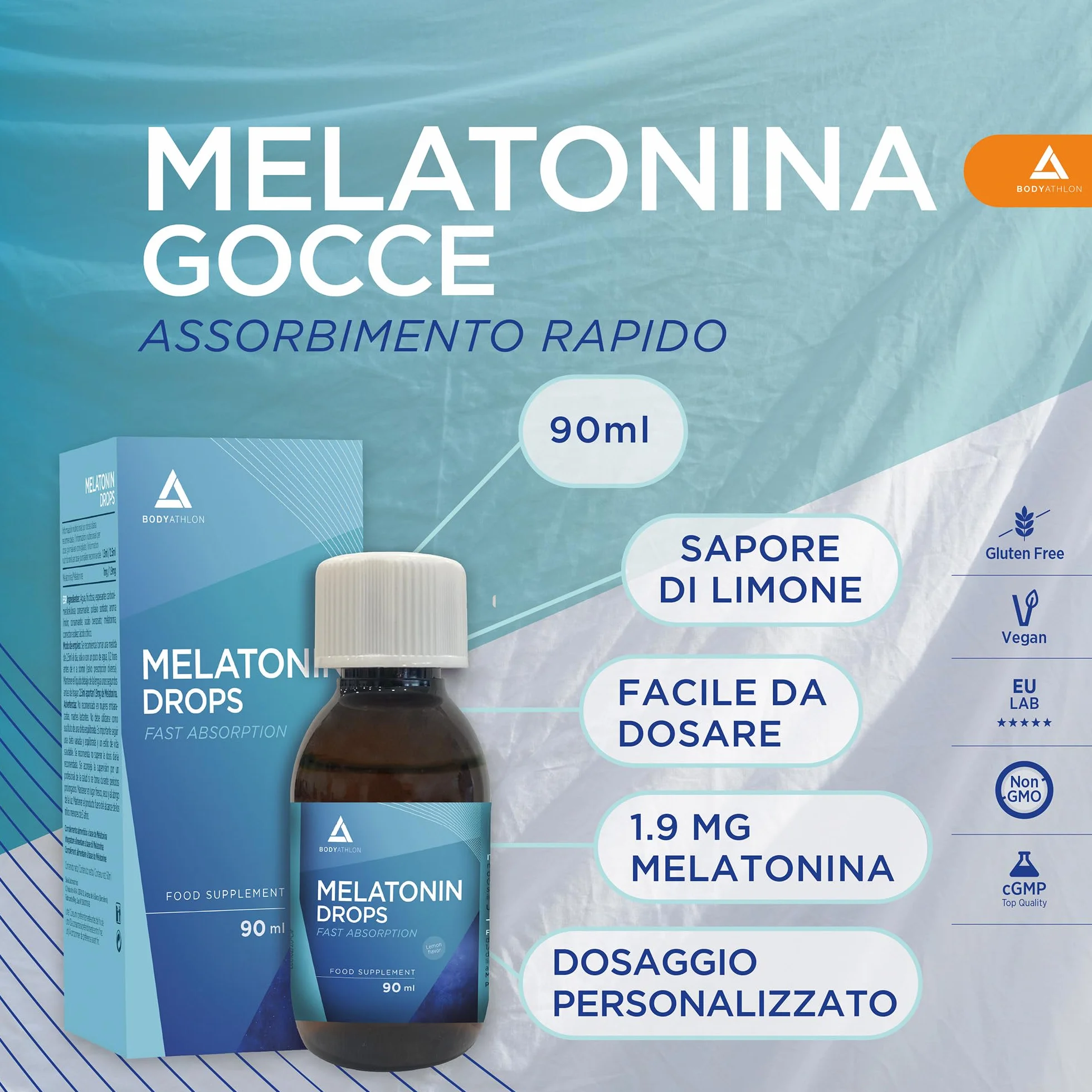Melatonina pura in gocce 90ml BODYATHLON per dormire meglio insonnia vegano aroma limone