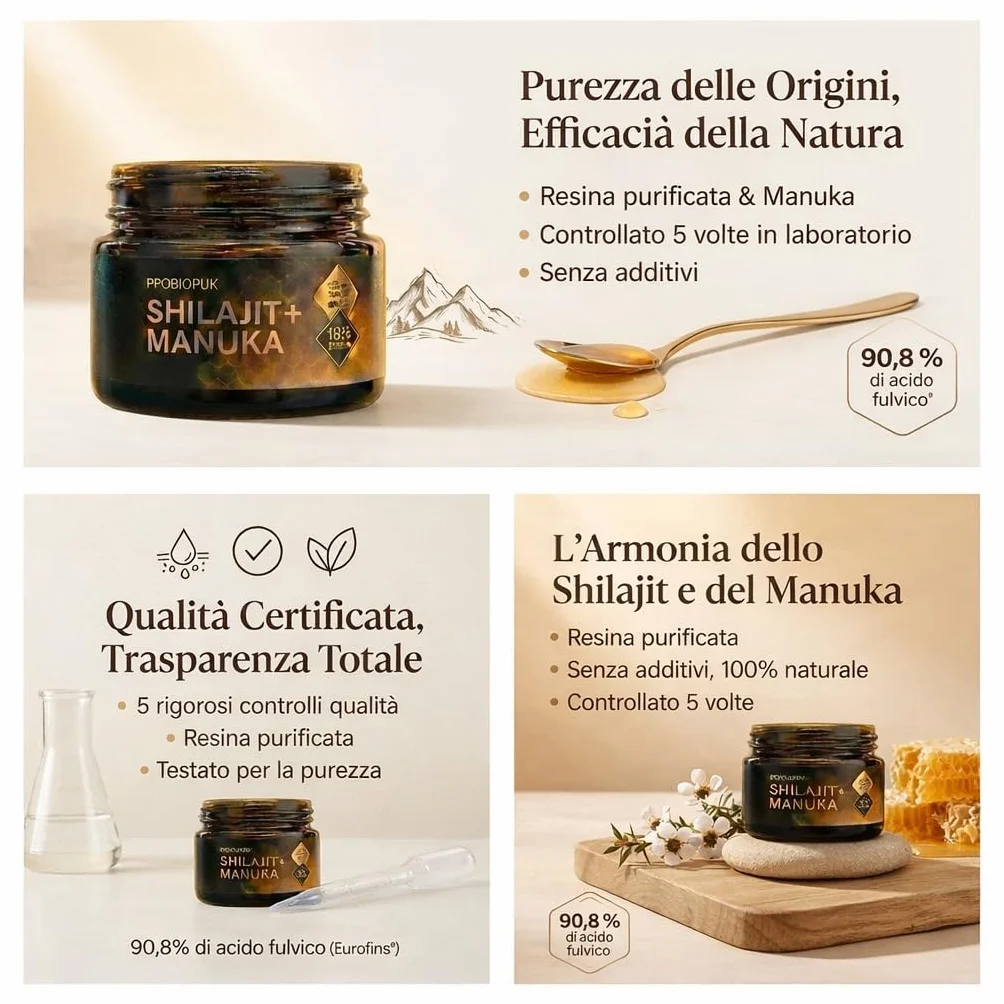 PROBIOPUR – Shilajit + Miele di Manuka (50 g) – Formula esclusiva 2 in 1 – Resina 100% pura dell’Himalaya + Manuka MGO 200+ – 90% acido fulvico – 100% naturale