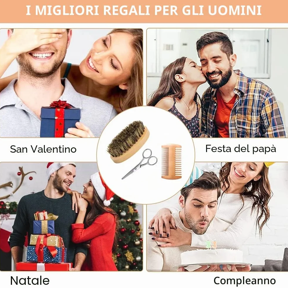 Spazzola Barba Uomo, Setole di Cinghiale, Pettine, Forbici (3pcs)