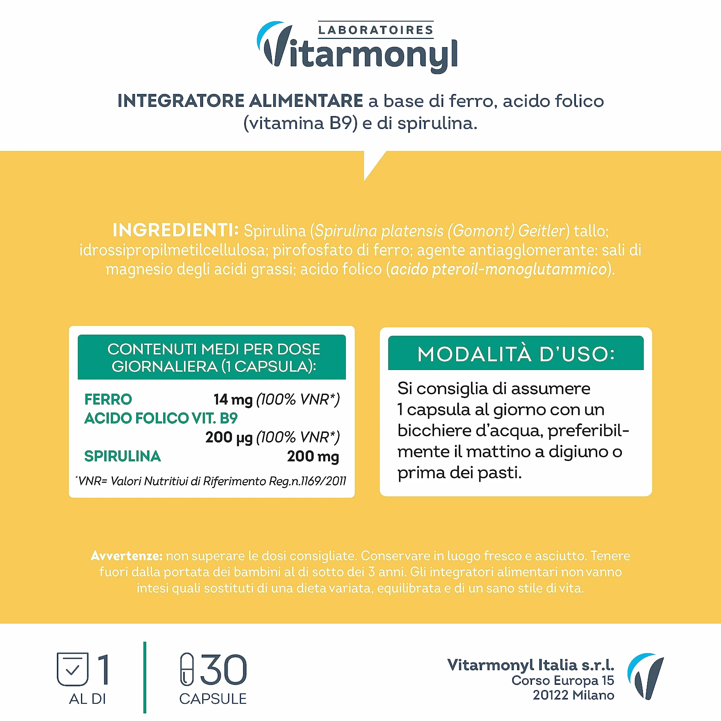 Ferro Acido Folico - Integratore Alimentare a base di Ferro e Acido Folico, con Spirulina - Per il Sistema Immunitario - Multivitaminico - Confezione da 30 capsule - Vitarmonyl