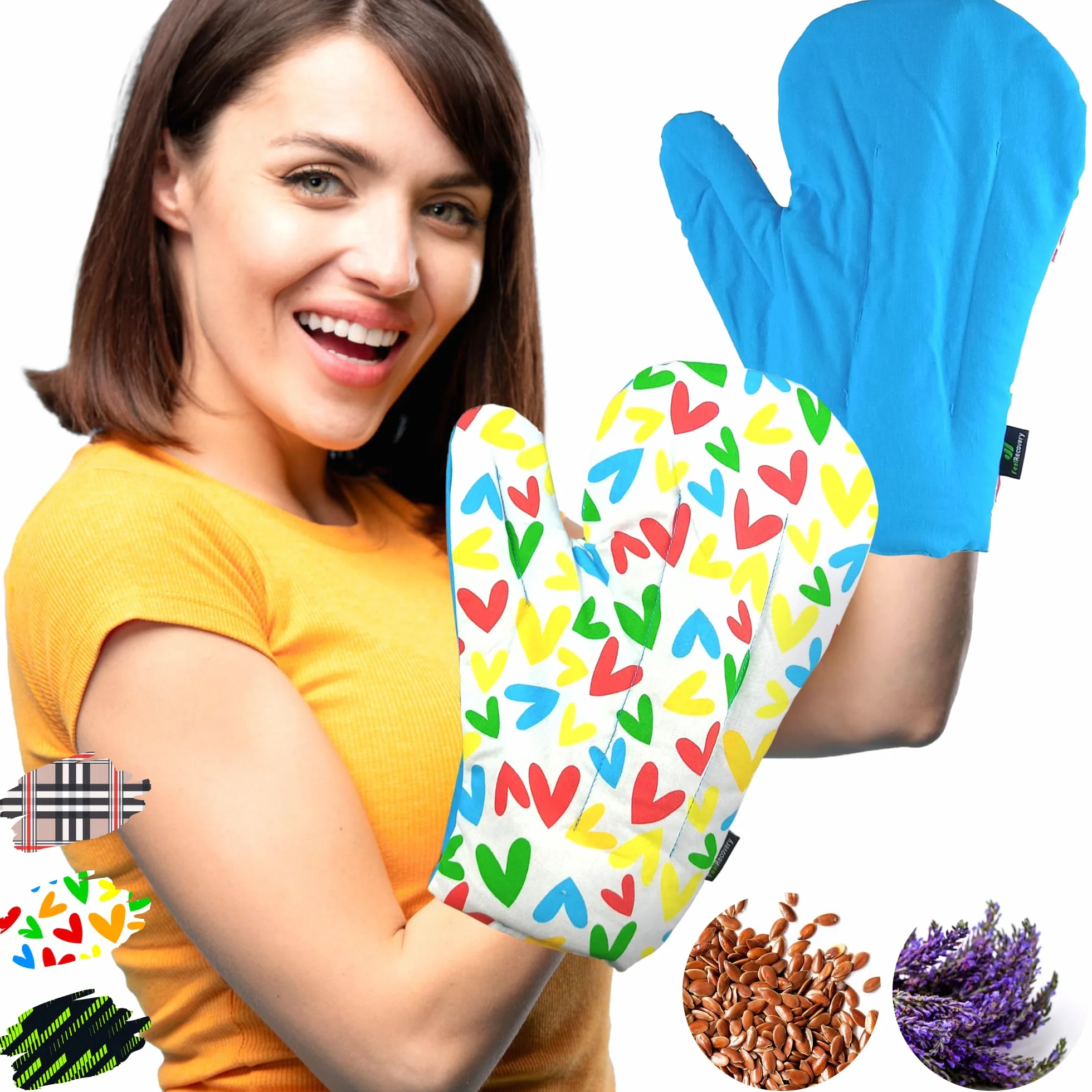Set 2 Guanti Artrosi per Microonde (Taglia Unica) - Cuscino Scaldamani per la Sindrome del Tunnel Carpale, Reumatismi e Artrite - Tessuto in Cotone 100% e Fiori di Lavanda (Cuori)