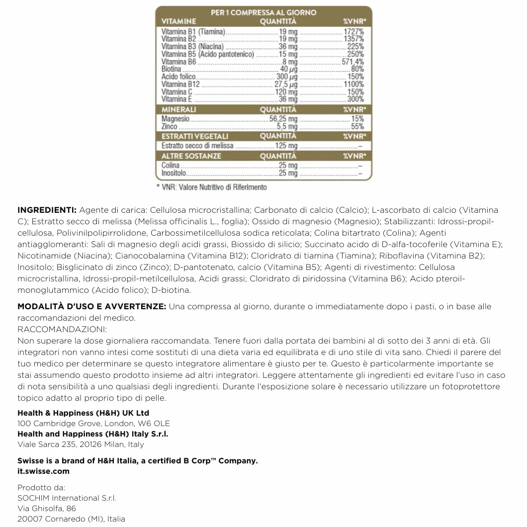 Swisse Energia B+ - Multivitaminico Completo Donna e Uomo con Vitamine e Minerali per Riduzione Stanchezza e Affaticamento e Supporto al Normale Metabolismo Energetico, Made in Italy, 50 Compresse