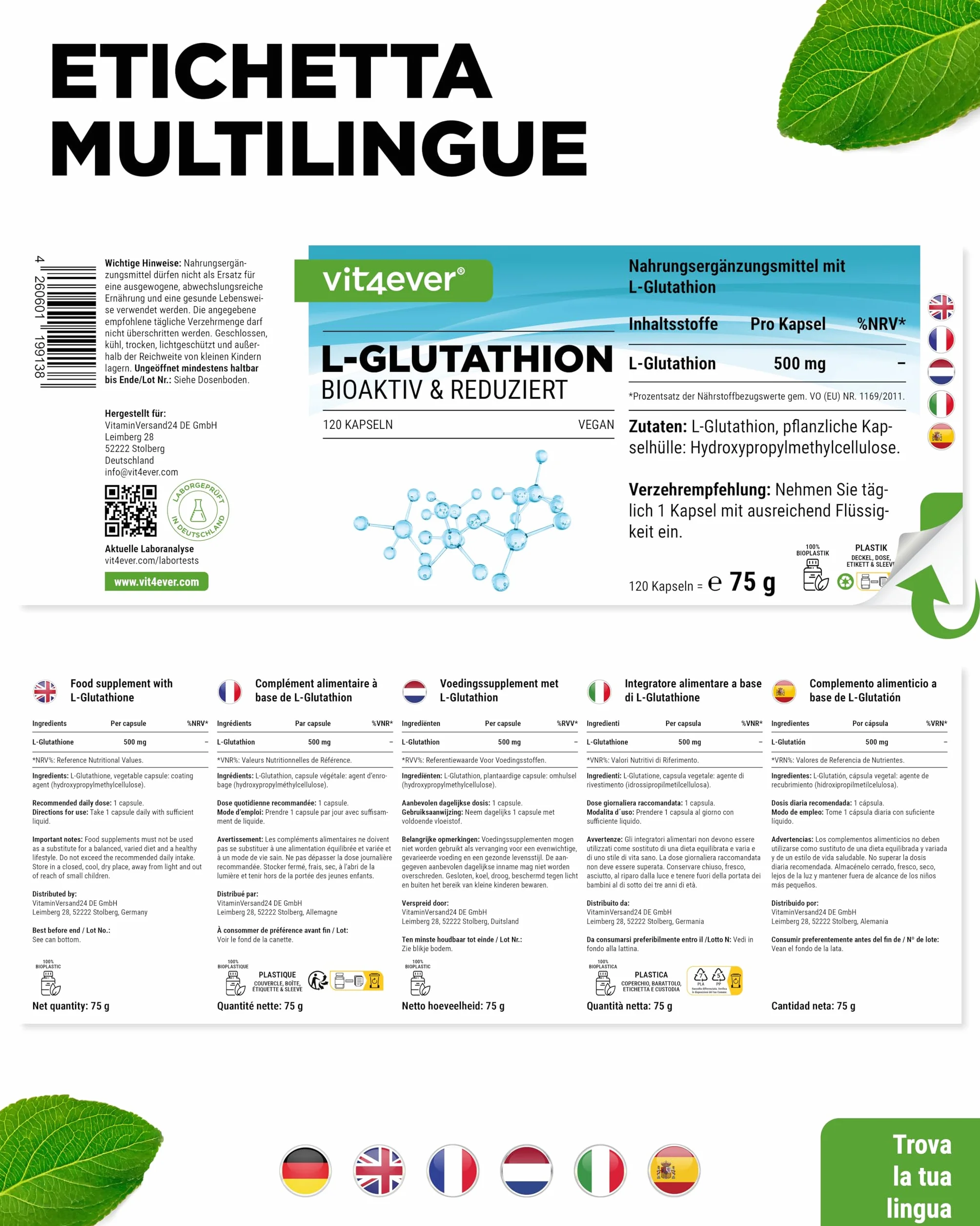 L-Glutatione - 120 capsule con 500 mg per capsula - Premium: glutatione ridotto e bioattivo da fermentazione - Altamente dosato - Vegan