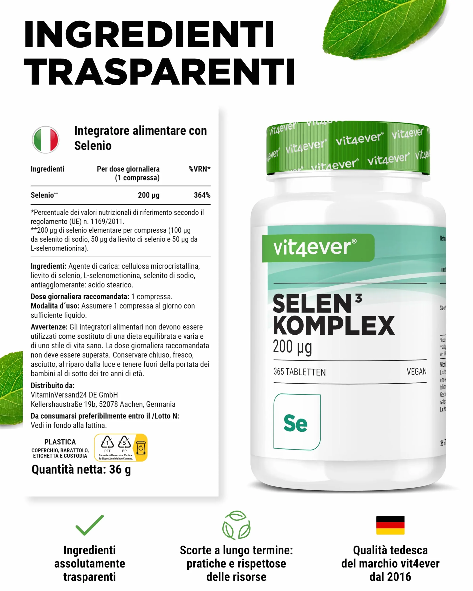 Selenio 3-fold complex - 365 compresse da 200 µg ciascuna - Premium: Selenite di sodio, L-selenometionina, lievito di selenio - Vegan - Altamente dosato