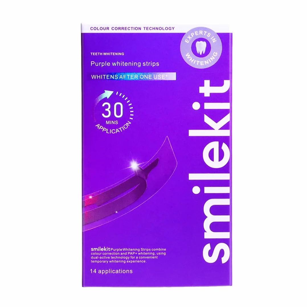 Strisce sbiancanti viola per denti - Formula con PAP + nHAP - Tecnologia viola correttiva del colore - 14 strisce (7 utilizzi) - Adatte ai denti sensibili