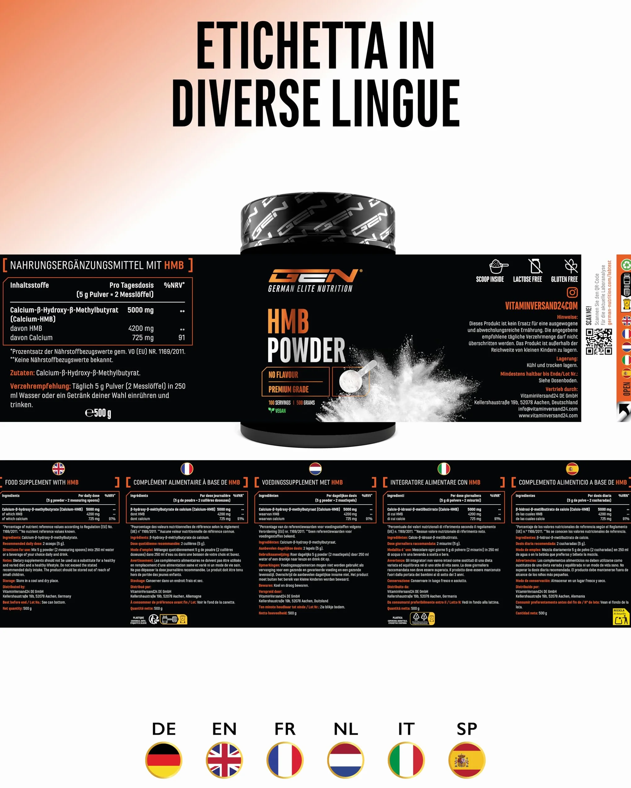 HMB in Polvere 500 g - Calcio-HMB ad alta purezza - Beta-Idrossi-Beta-Metilbutirrato - 100 Porzioni - Senza additivi, Vegano