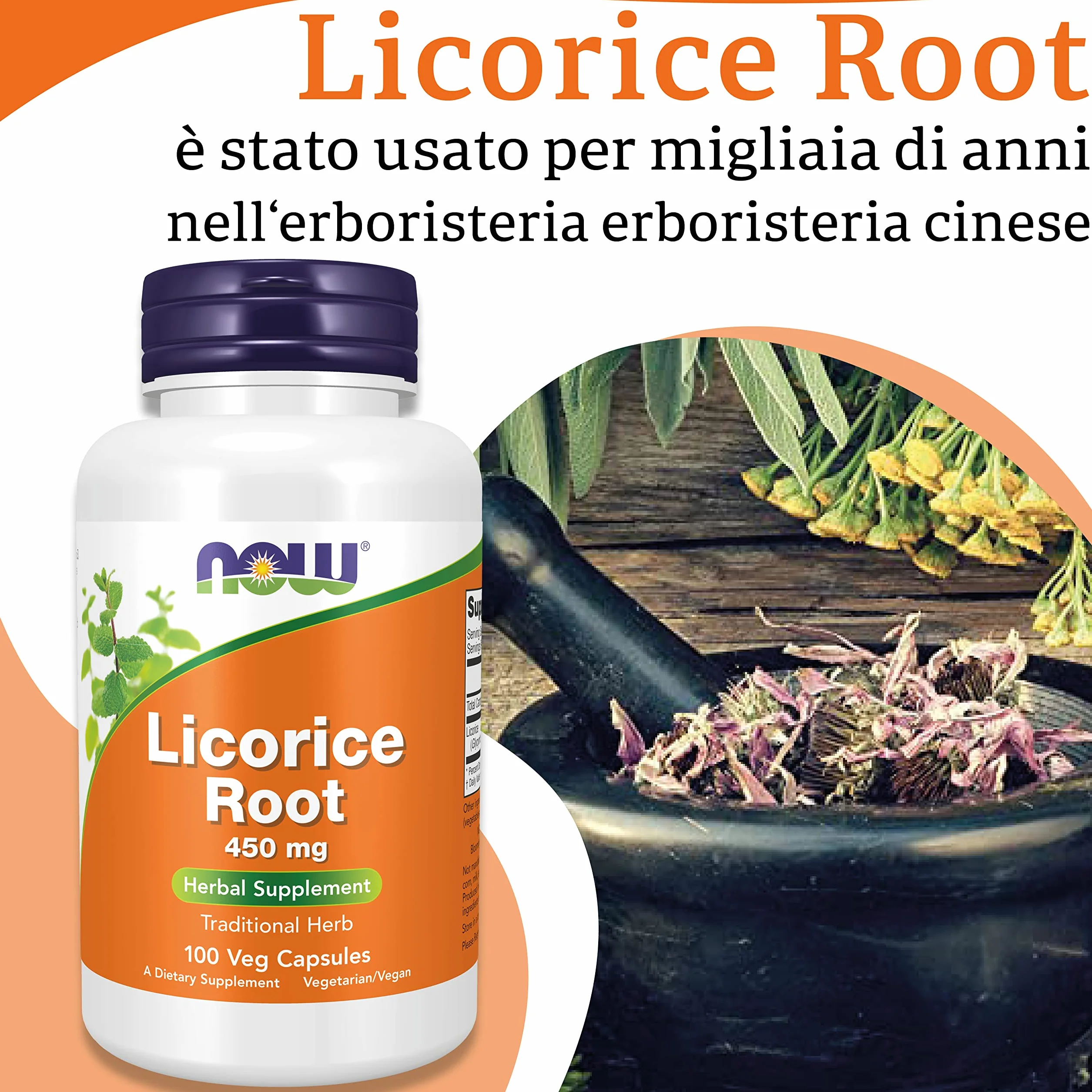 Now Foods Licorice Root 450 mg 100 Capsule Vegane Testato in Laboratorio Senza Glutine