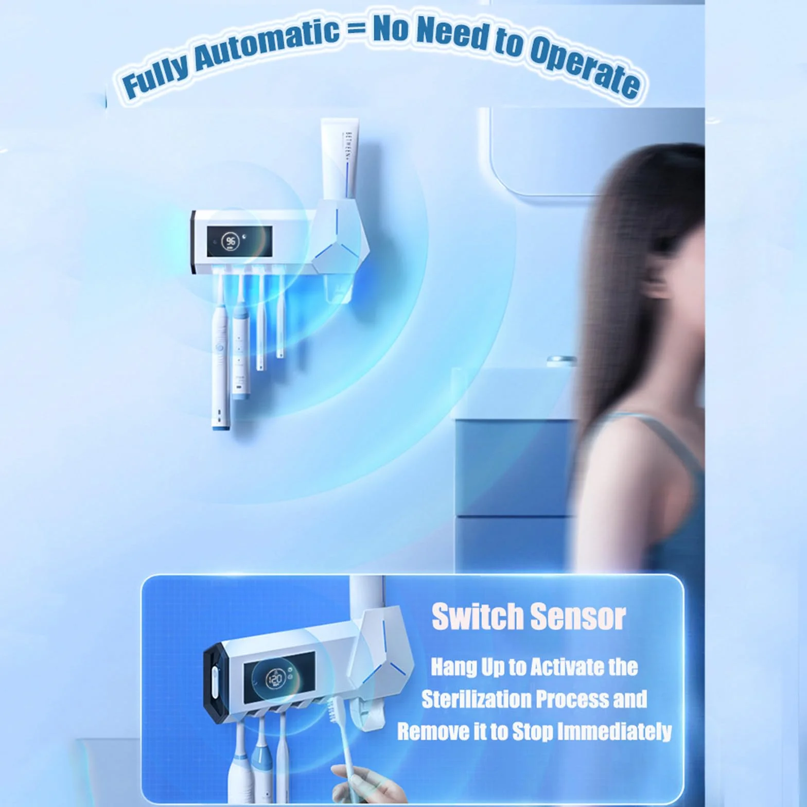 Sterilizzatore per spazzolino UV intelligente Disinfezione senza punzonatura Scaffale per spazzolino da denti Spazzolino da denti a parete Spremere dispositivo per dentifricio,Black