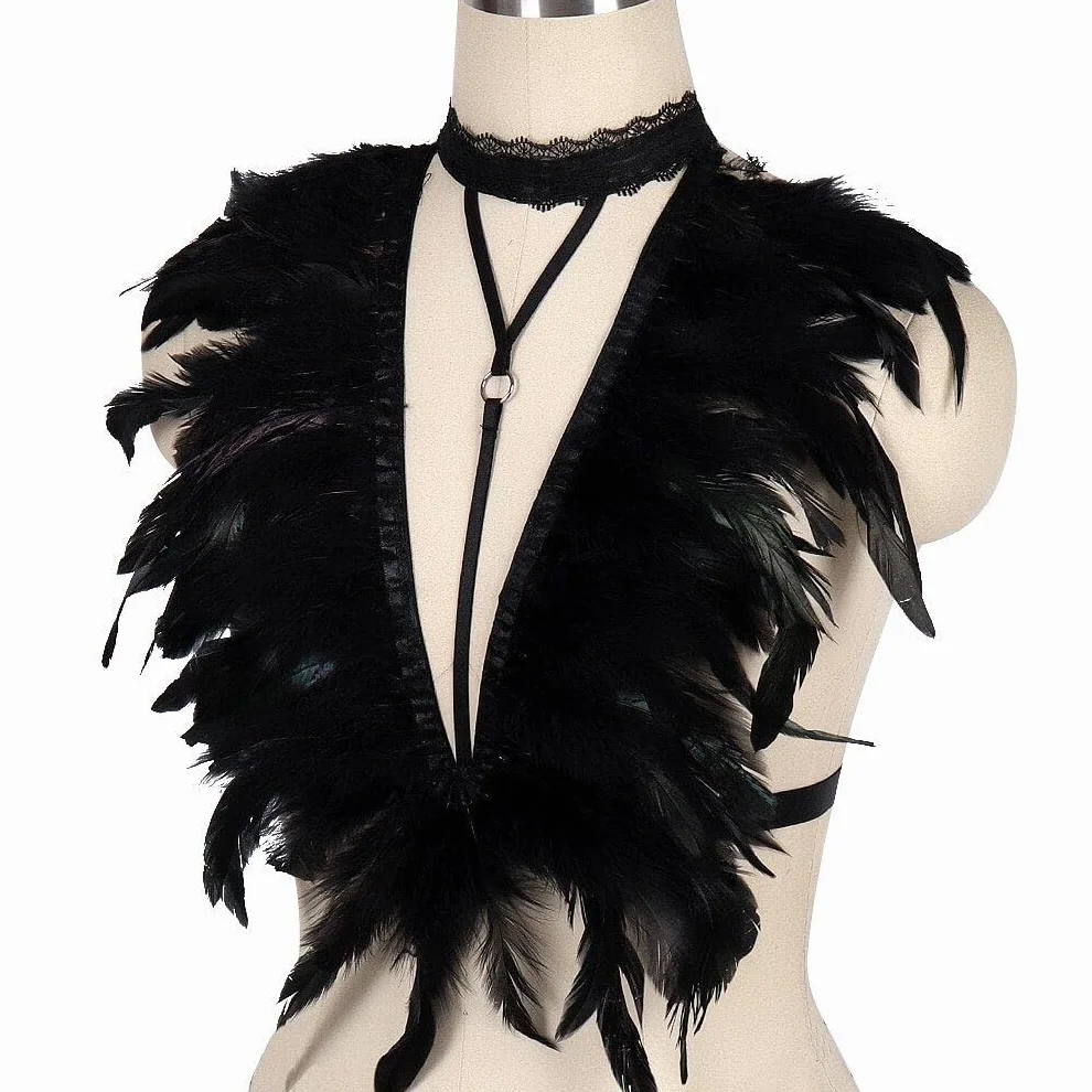 Imbracatura di Piume Nere Gotica Punk Coprispalle Elastica