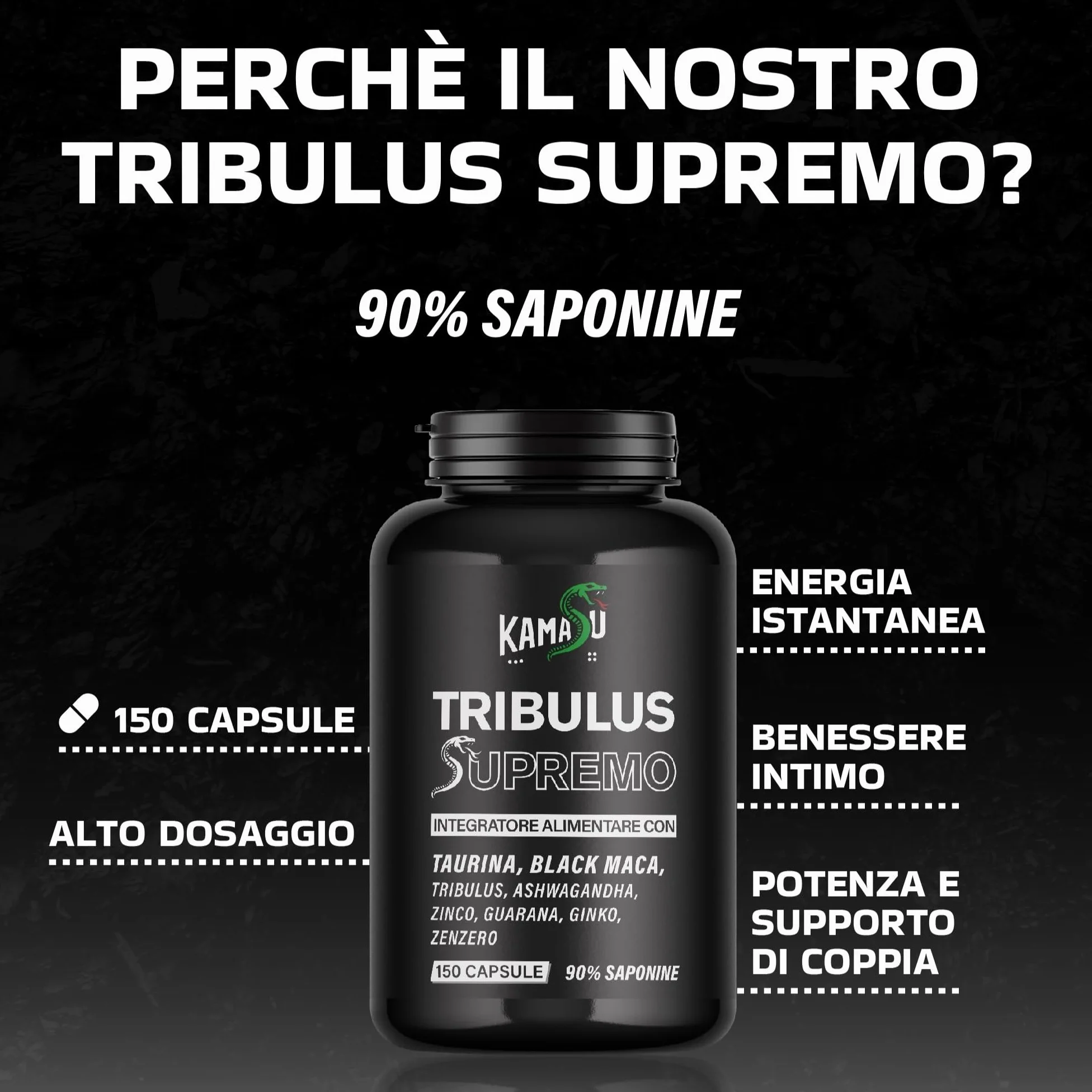 Integratore tribulus terrestris maca nera peruviana l-arginina 150 capsule ashwagandha guaranà ginko