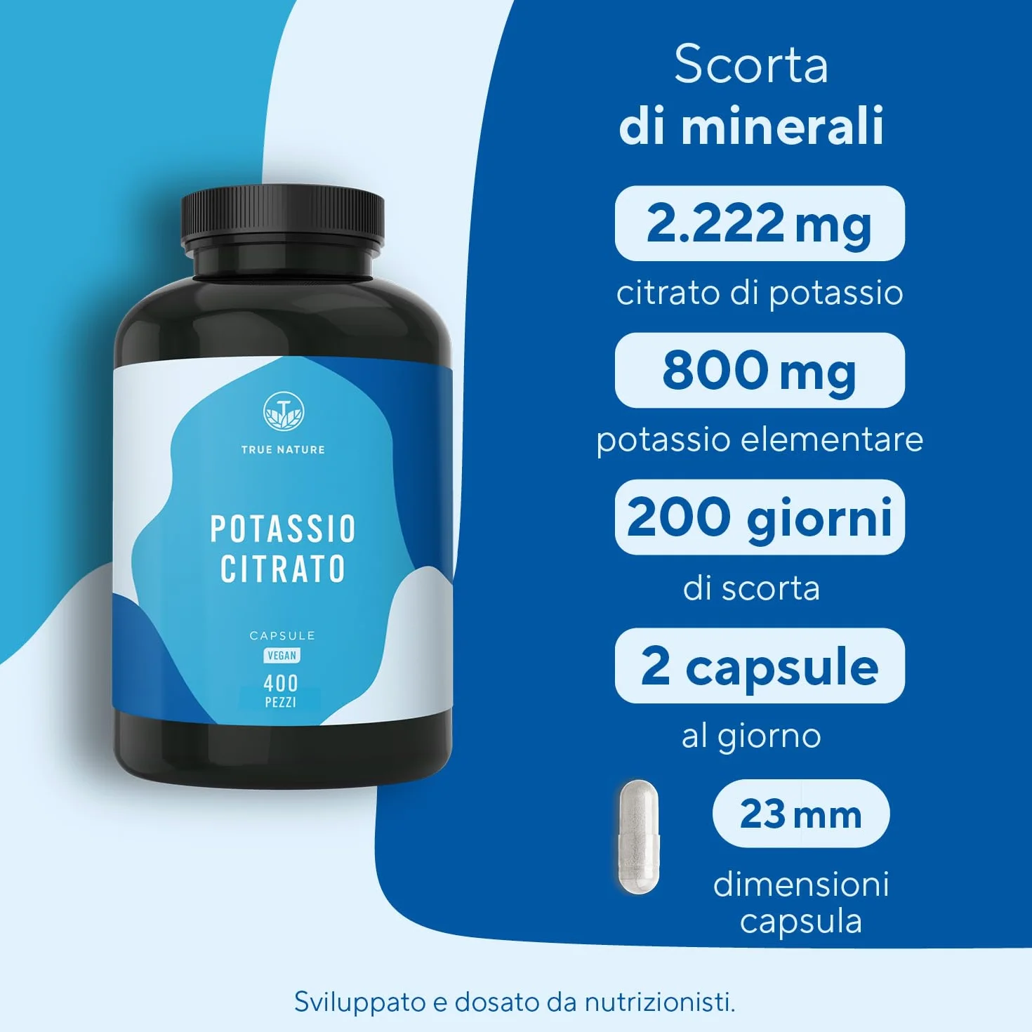 Potassio – 2.222 mg al giorno – 400 capsule – Citrato di potassio con potassio elementare – Scorta per 6 mesi – Vegano e senza additivi - testato in Laboratorio, produzione Tedesca – TRUE NATURE®