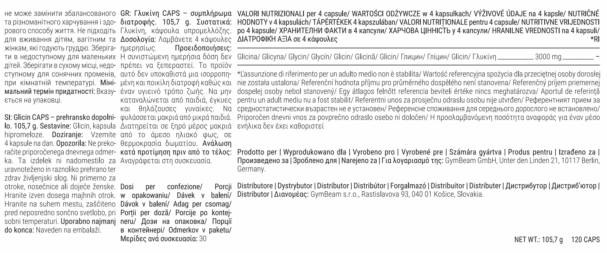 GymBeam Glicina Caps 3000 mg - Integratore Glicina Capsule per Vegani, Glicina Amminoacido - Adatto per Assunzione Giornaliera o Serale - Capsule Facili da Ingerire, 120 cps