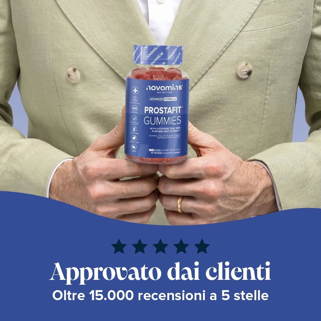 Prostafit Gommose Uomo Saw Palmetto Semi di Zucca Ortica Zinco Selenio Testosterone Fertilita Spermatogenesi 60 Gommose Gusto Arancia Novomins