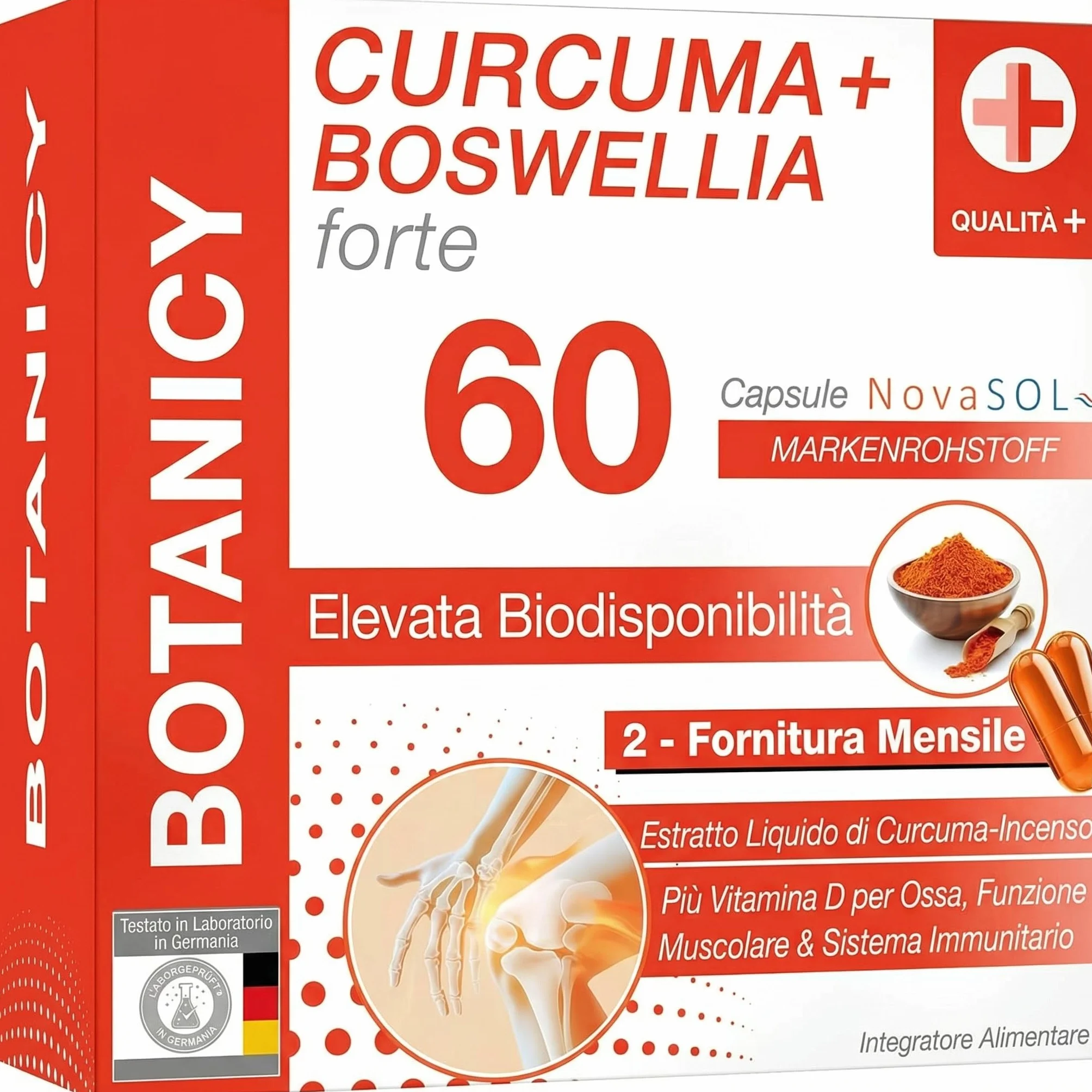 Botanicy CURCUMA + BOSWELLIA forte 60 capsule curcuma e incenso NovaSOL vitamina D3 ossa muscoli alta biodisponibilità alto dosaggio