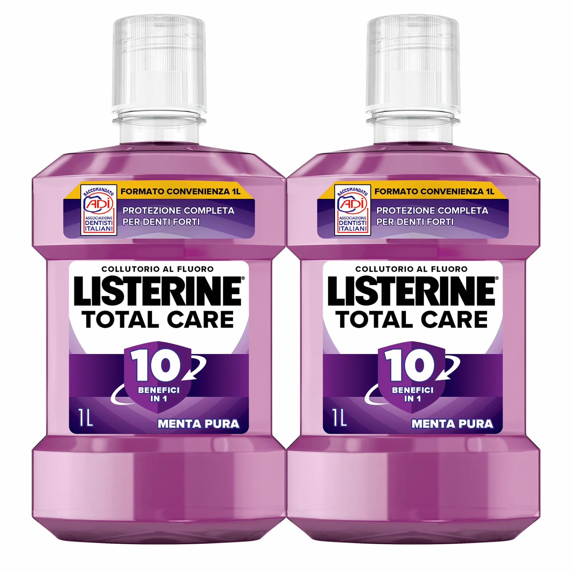 LISTERINE Total Care Collutorio Menta Pura Fluoro 10 benefici 1 protezione completa denti forti 2x1L