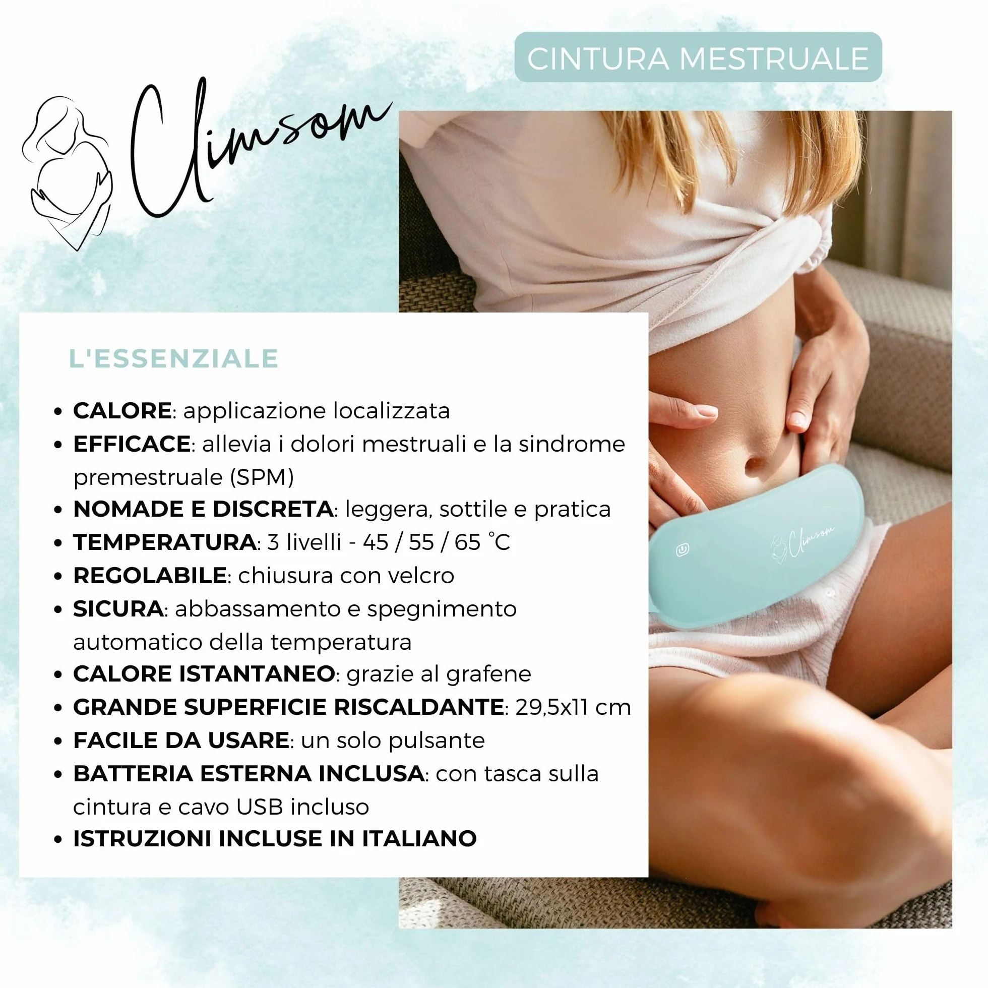 Fascia Riscaldante Per Dolori Mestruali Con Batteria USB-C e A – Cuscino Per Ciclo Doloroso ed Endometriosi – Effetto Borsa Dell’Acqua Calda – CLIMSOM
