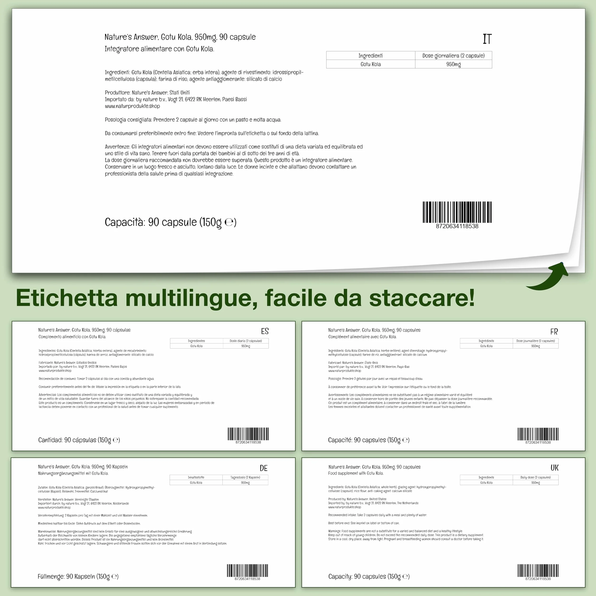 Nature's Answer Gotu Kola 950mg 90 Capsule vegane Testato in Laboratorio Senza Glutine Senza Soia