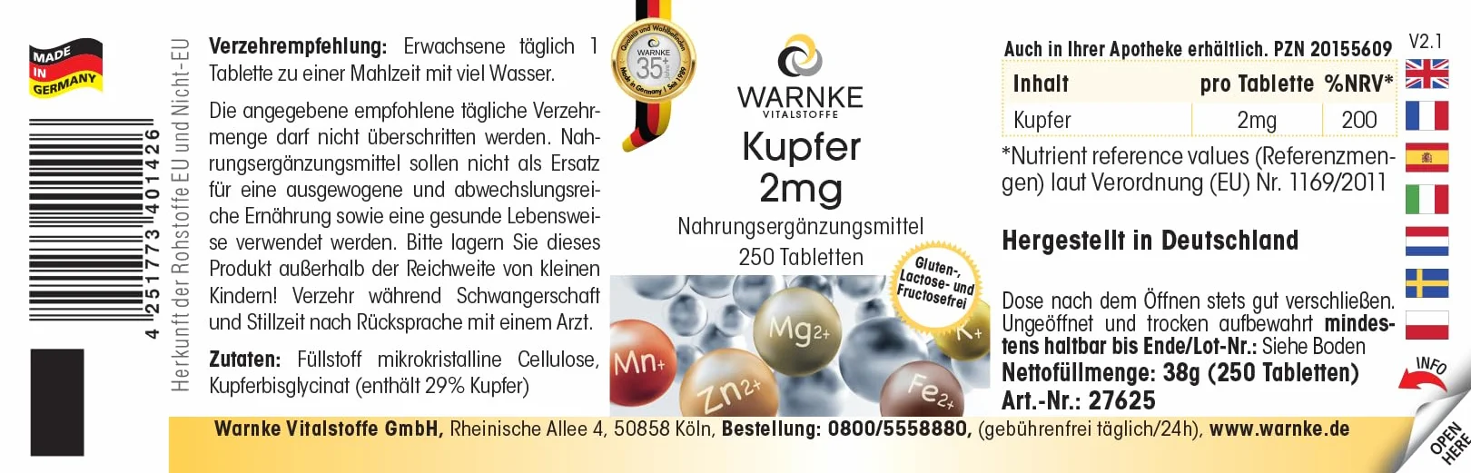 Rame 2mg - 250 compresse, ciascuna contenente 2mg - Bisglicinato di rame - ALTO DOSAGGIO - Qualità farmaceutica tedesca - vegano | Warnke Vitalstoffe