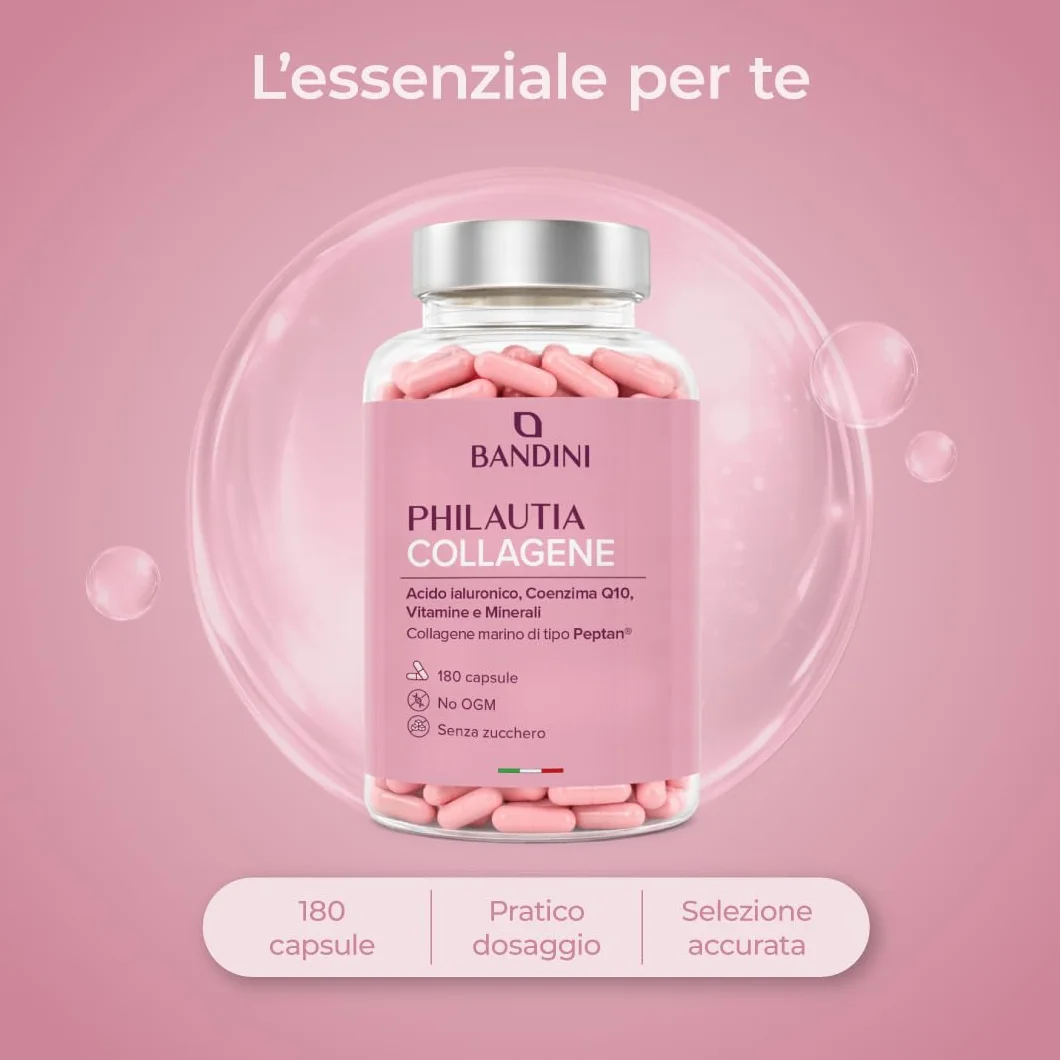 Bandini Collagene Peptan Acido Ialuronico 180 Capsule, Collagene Marino Idrolizzato Tipo 1 con Coenzima Q10, Vitamina C, Biotina, Zinco e Selenio, Integratore per Articolazioni, Pelle e Ossa